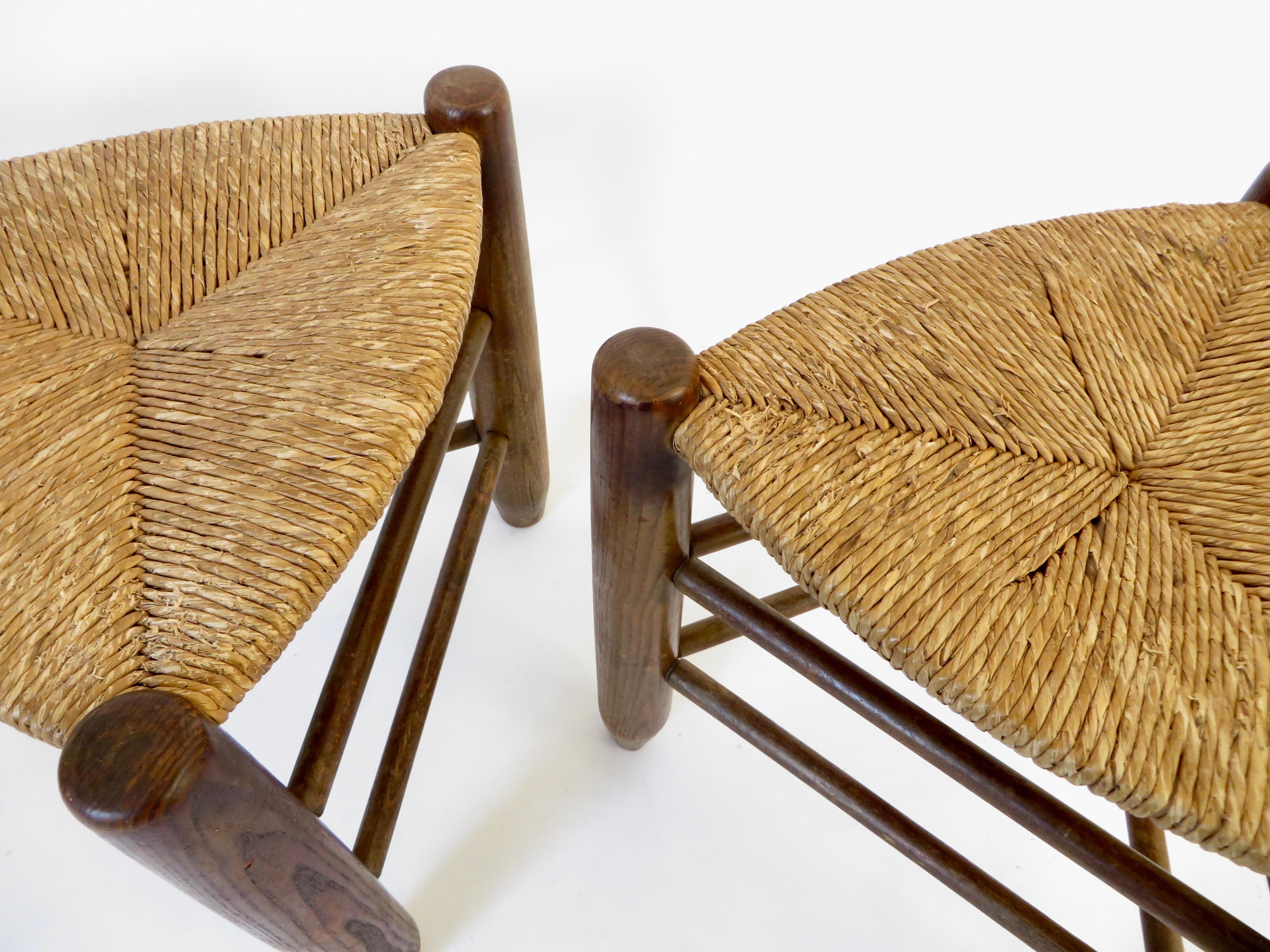 Charlotte Perriand Pair of Tripod Rush Seat and Oak Stools Les Arcs 5