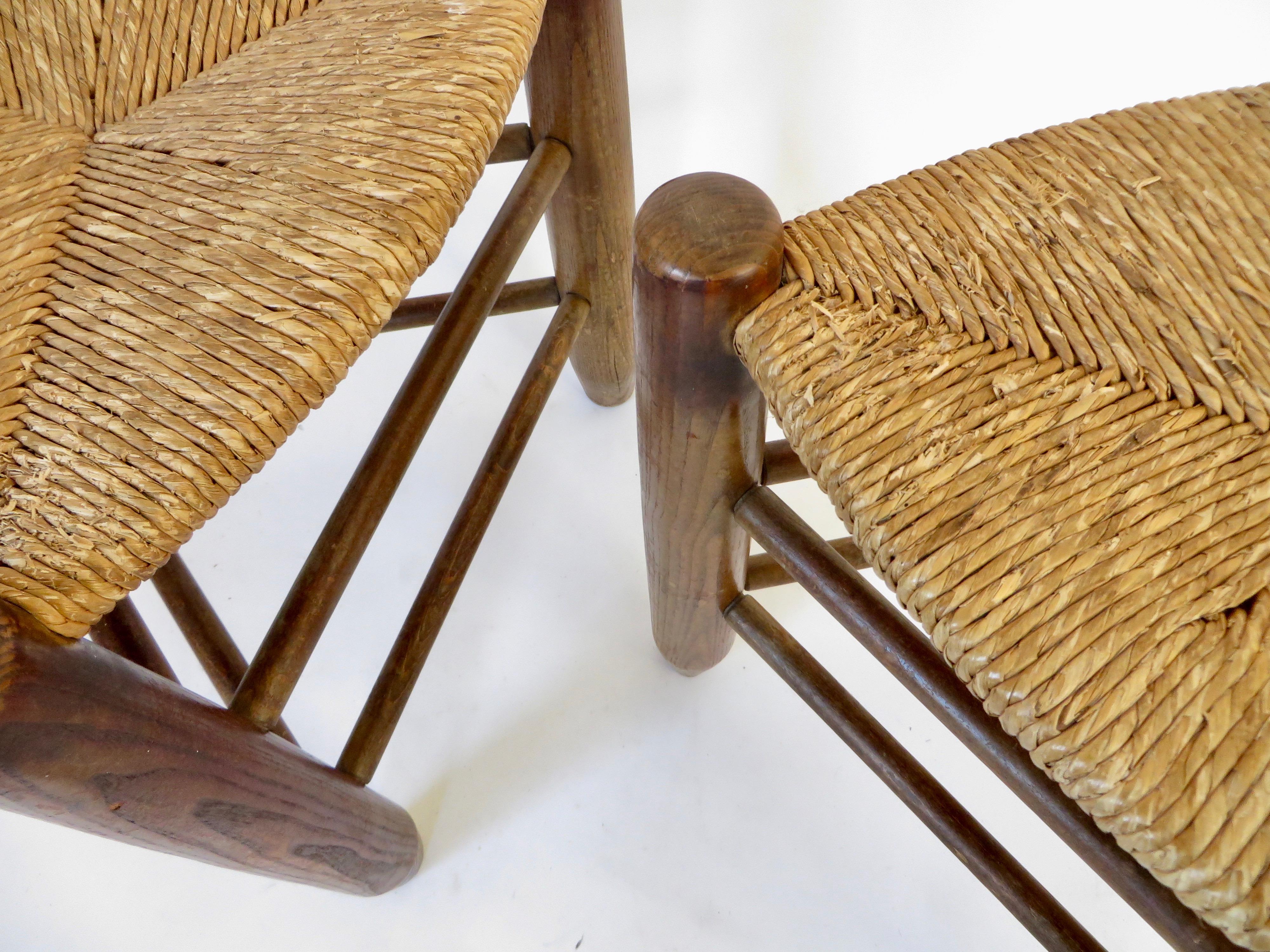 Charlotte Perriand Pair of Tripod Rush Seat and Oak Stools Les Arcs 6