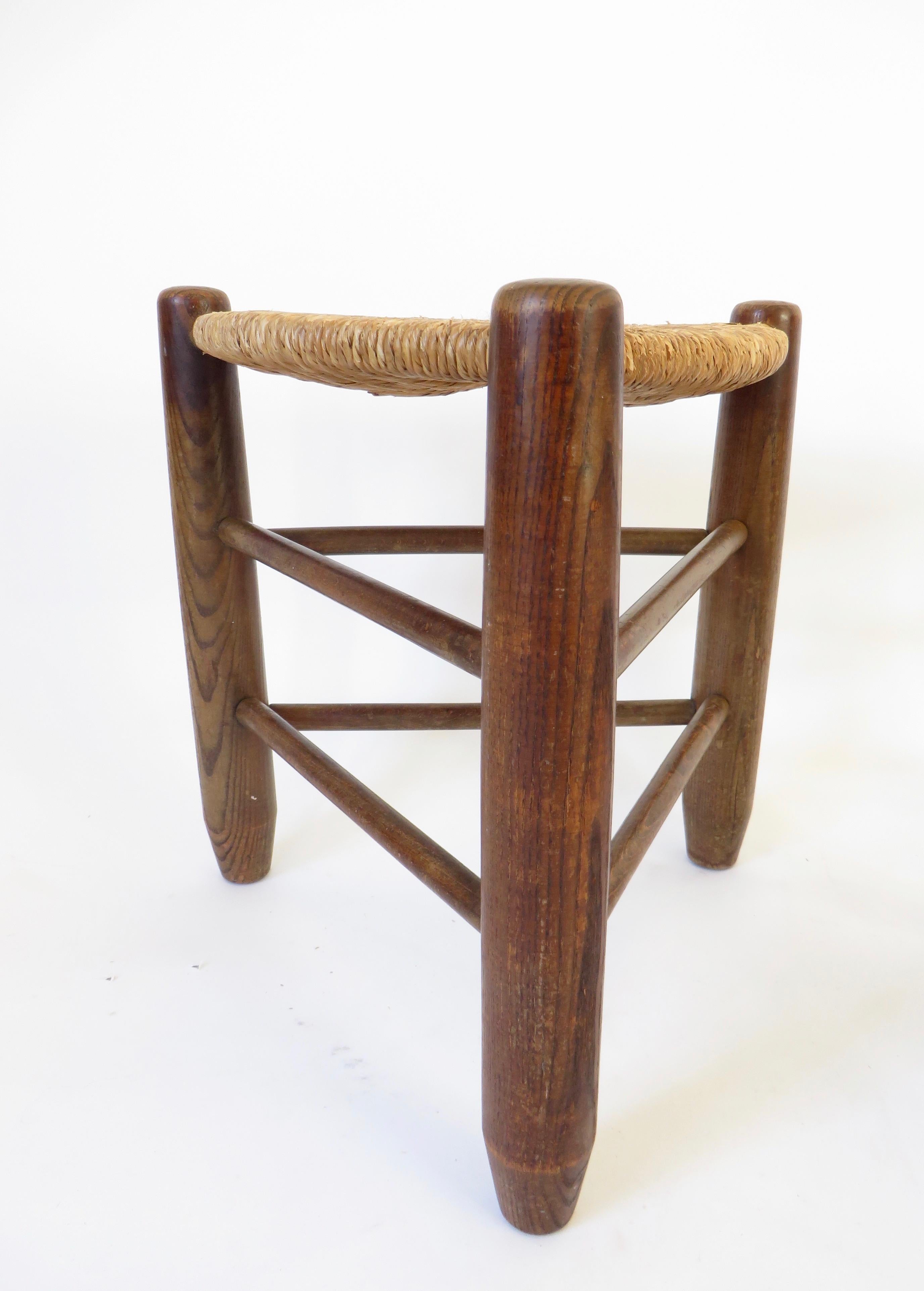 Charlotte Perriand Pair of Tripod Rush Seat and Oak Stools Les Arcs 9