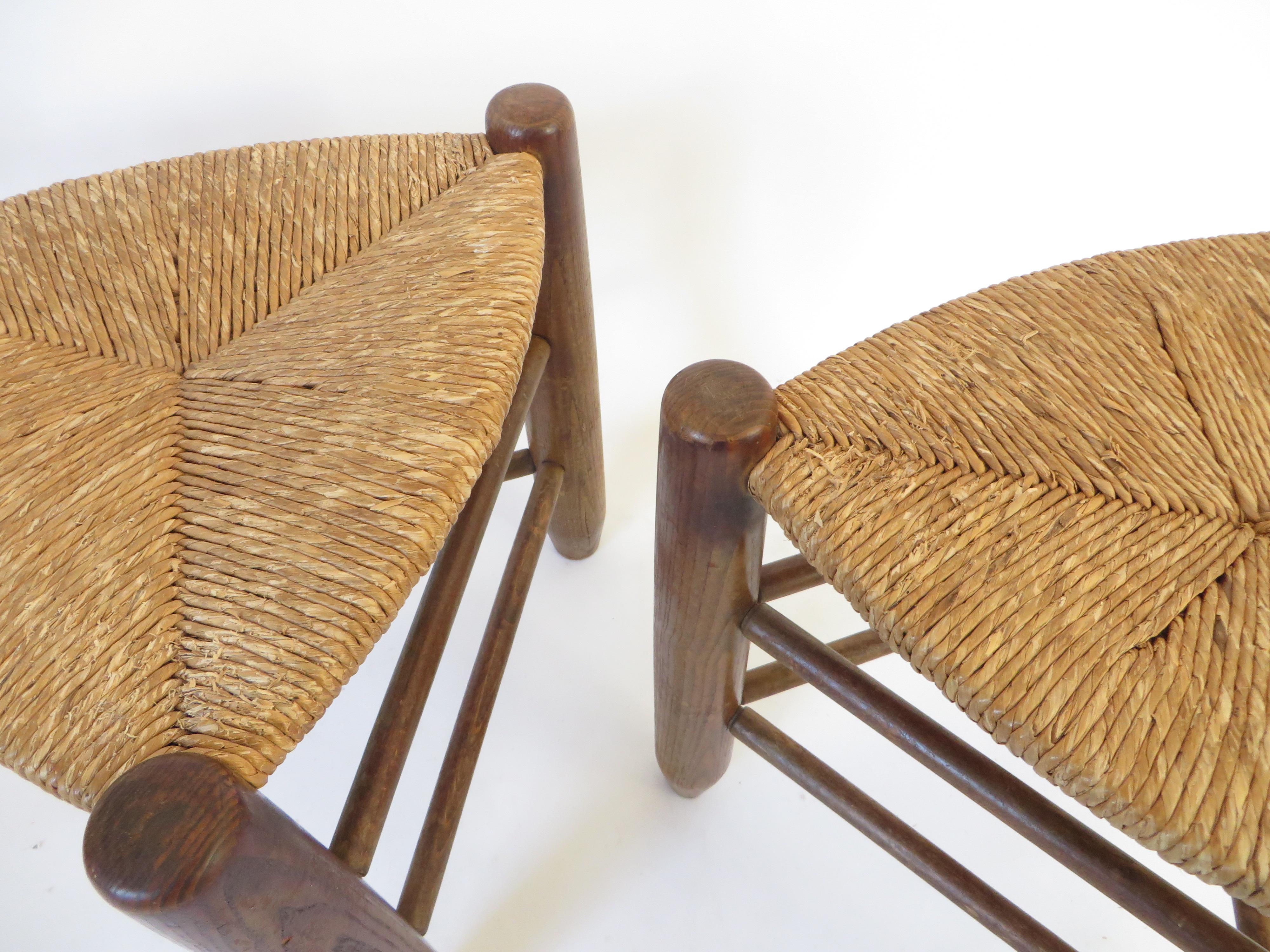Charlotte Perriand Pair of Tripod Rush Seat and Oak Stools Les Arcs 10