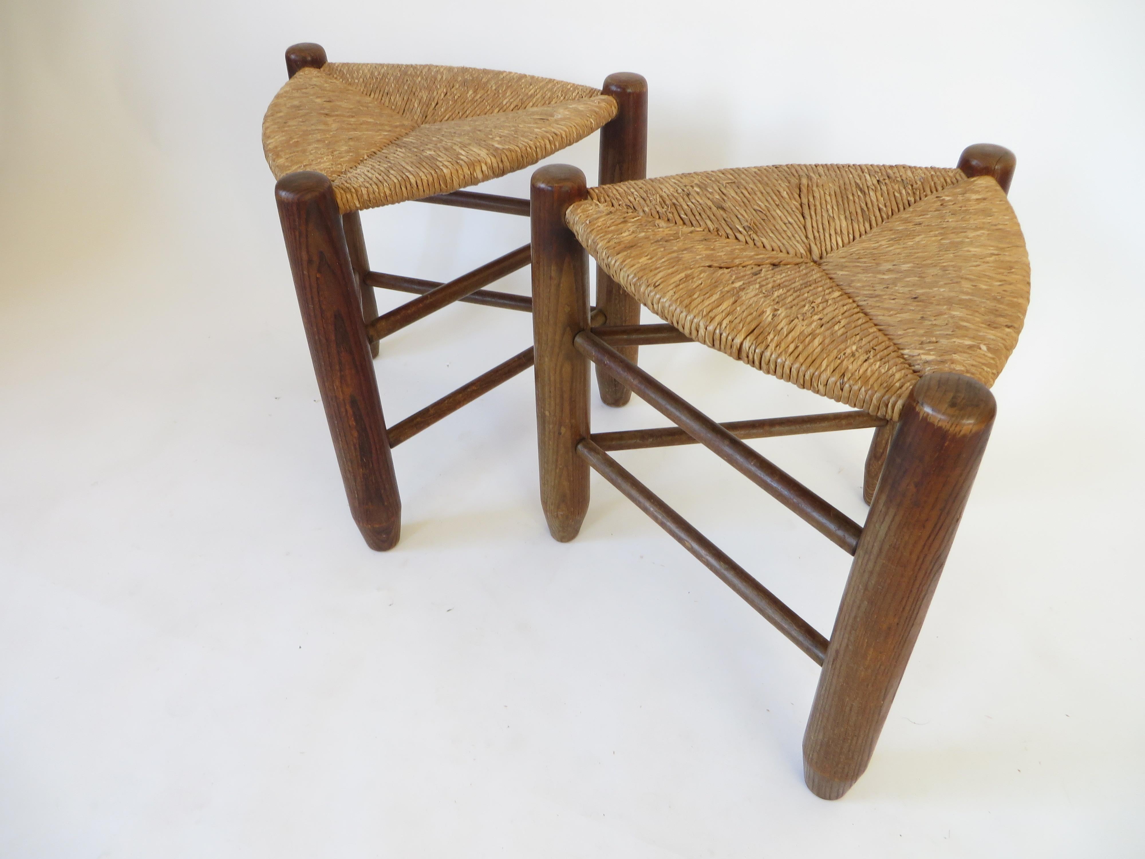 Charlotte Perriand Pair of Tripod Rush Seat and Oak Stools Les Arcs 11