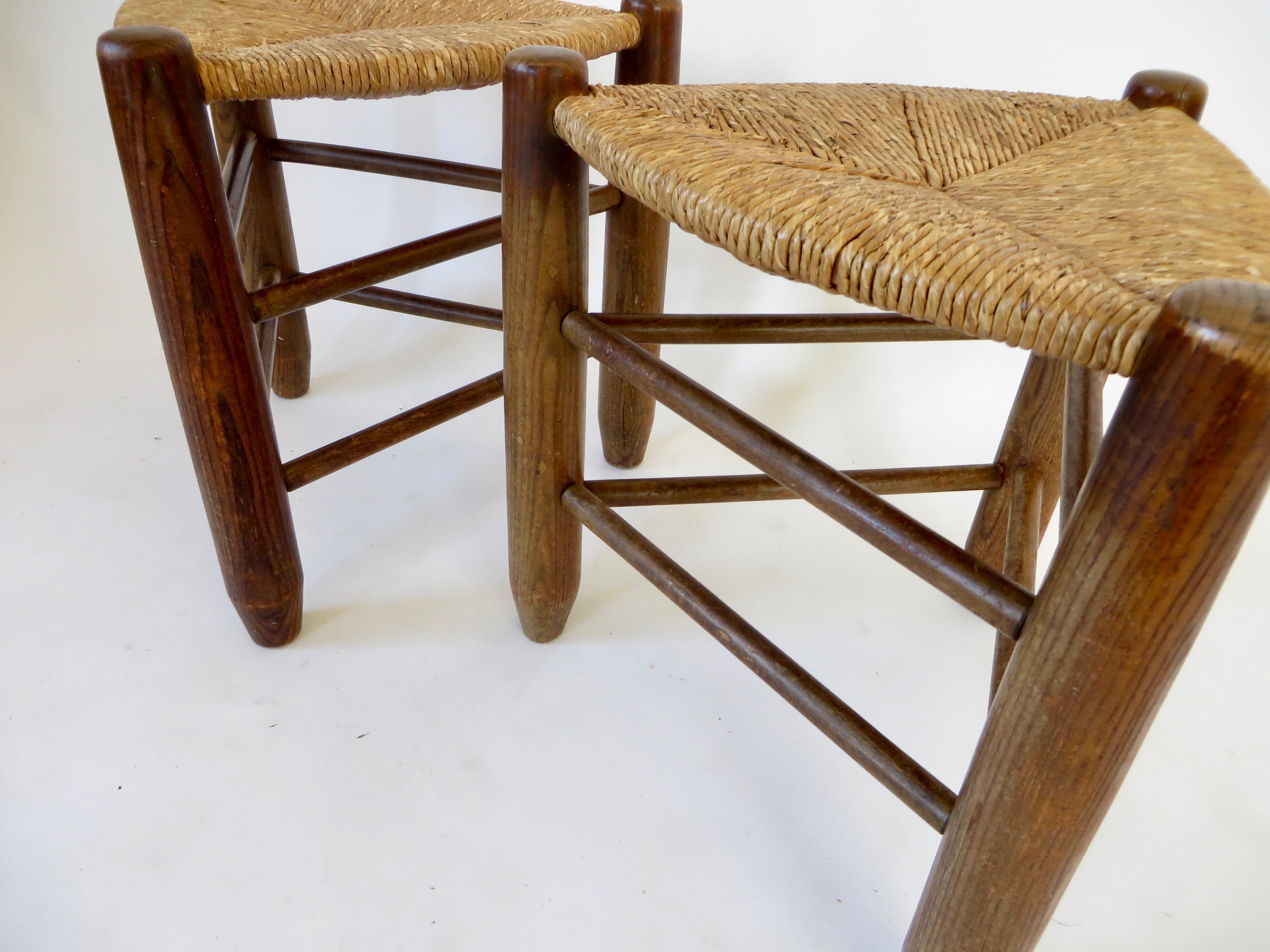 Charlotte Perriand Pair of Tripod Rush Seat and Oak Stools Les Arcs 13