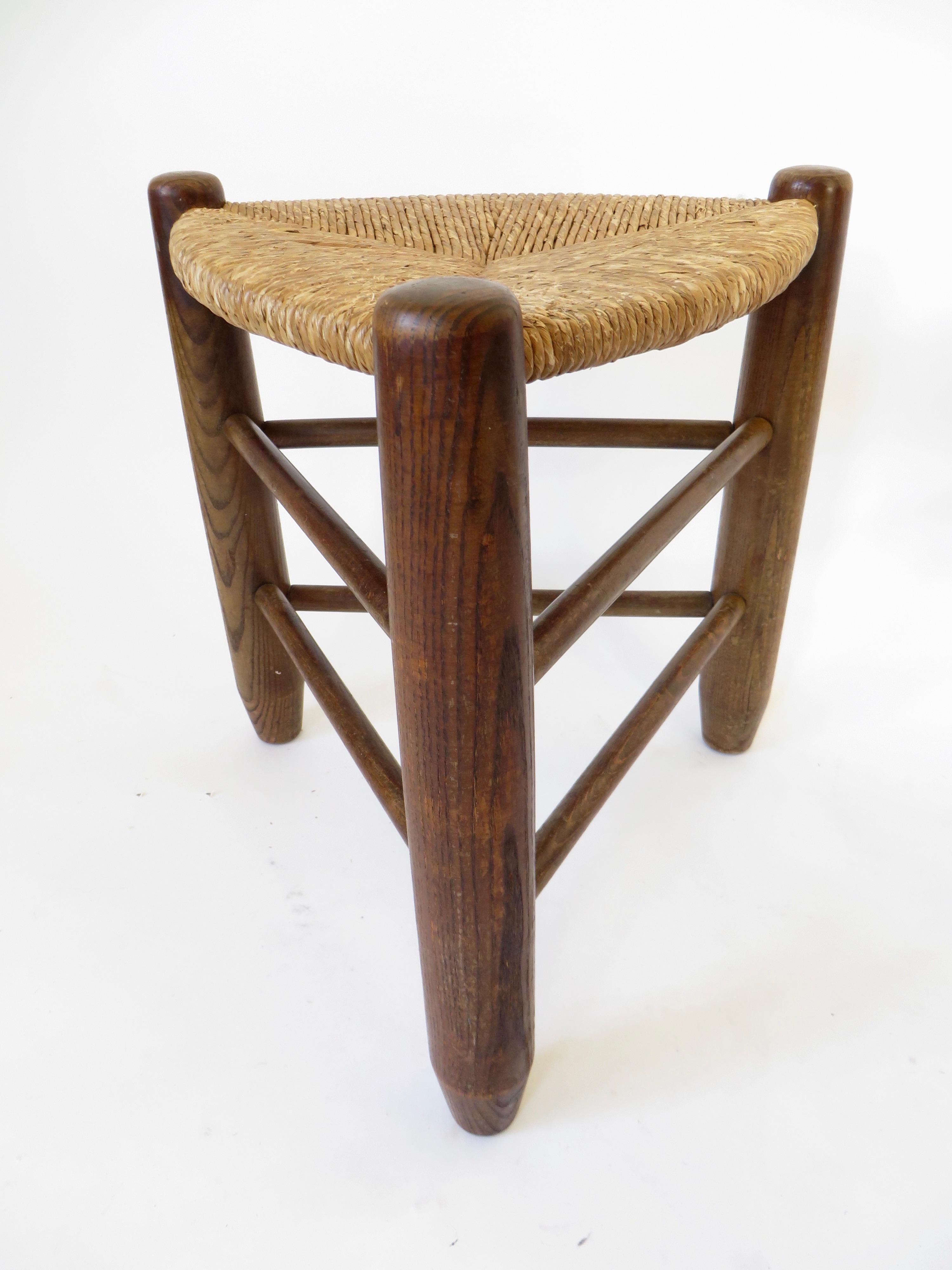 Charlotte Perriand Pair of Tripod Rush Seat and Oak Stools Les Arcs 14