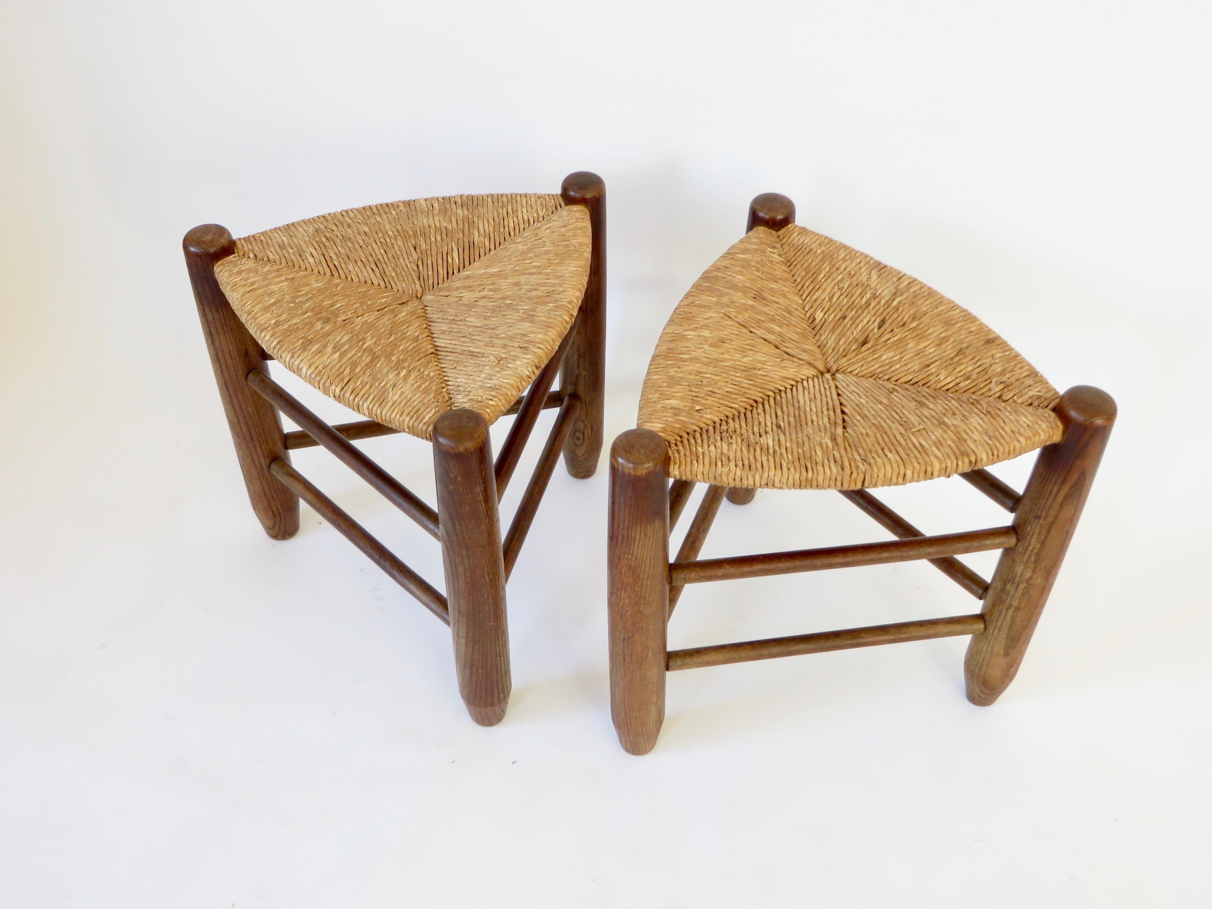 Mid-Century Modern Charlotte Perriand Pair of Tripod Rush Seat and Oak Stools Les Arcs