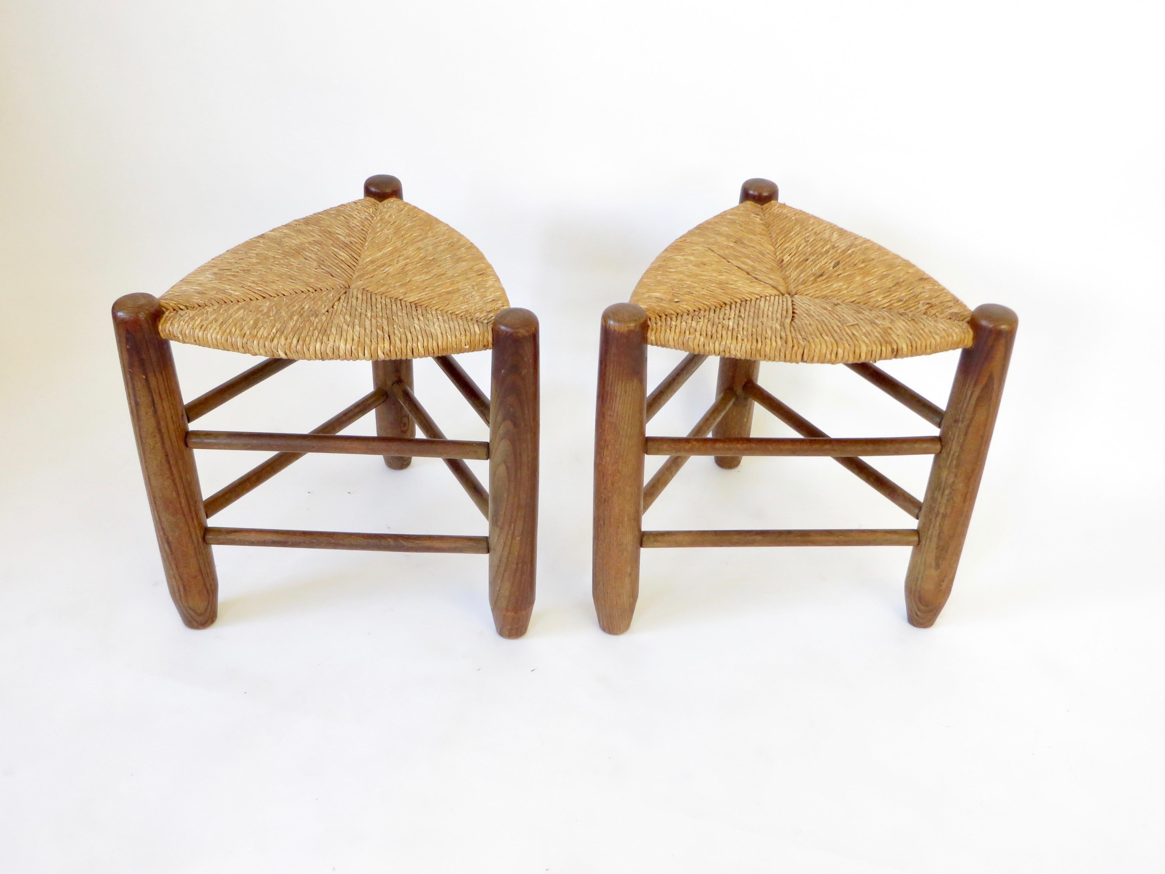 French Charlotte Perriand Pair of Tripod Rush Seat and Oak Stools Les Arcs