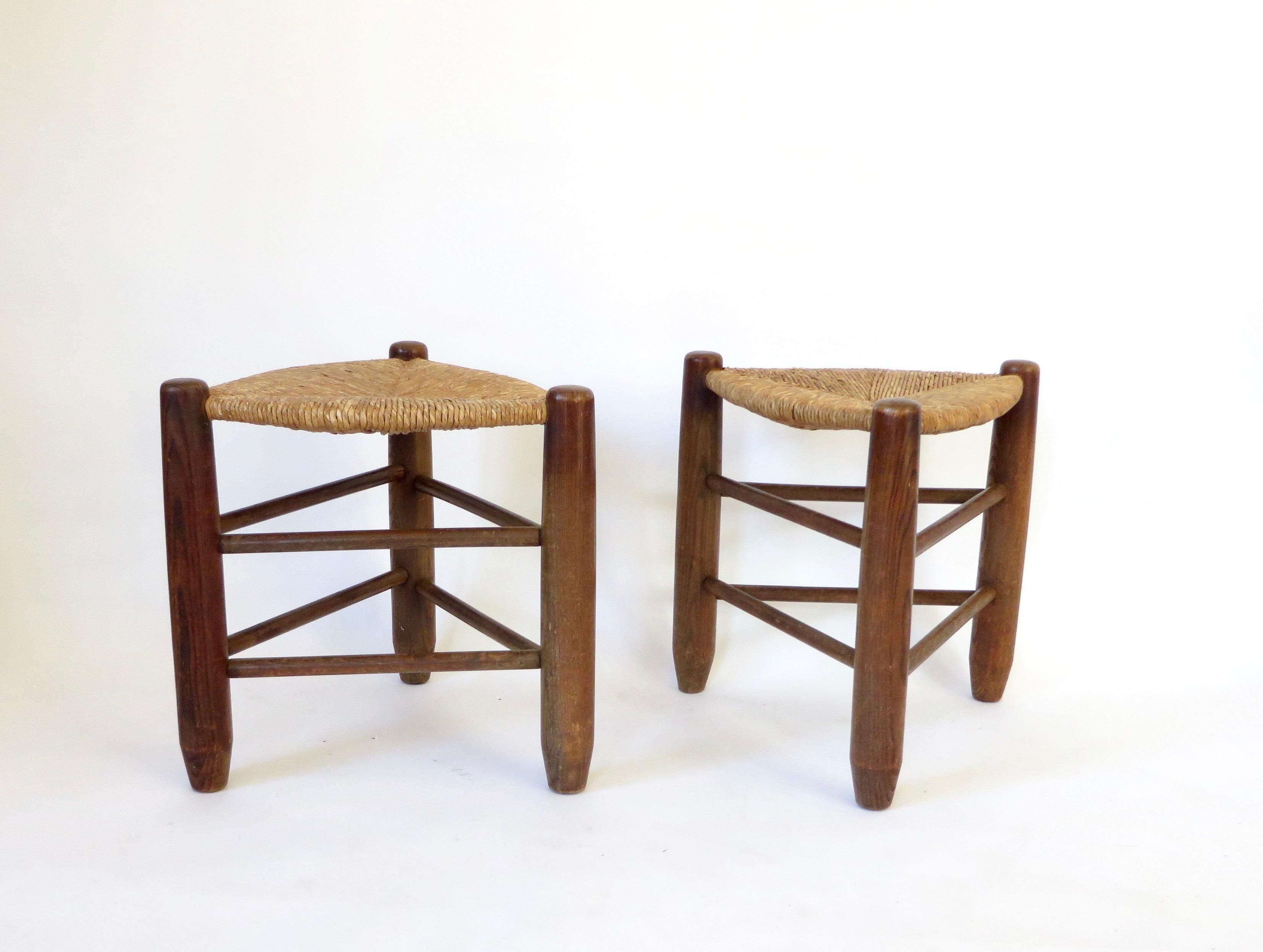 Charlotte Perriand Pair of Tripod Rush Seat and Oak Stools Les Arcs In Good Condition In Chicago, IL