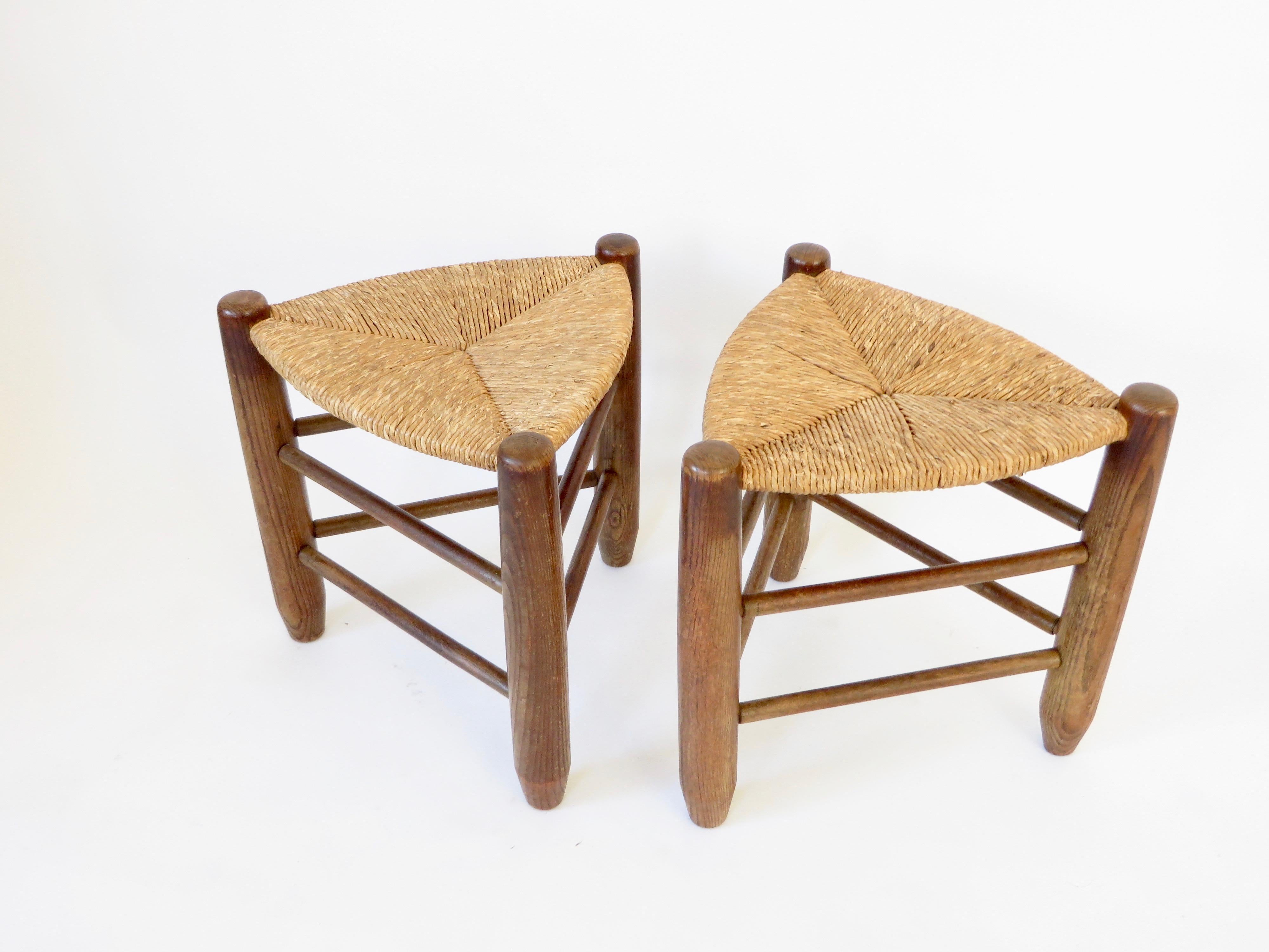 Mid-20th Century Charlotte Perriand Pair of Tripod Rush Seat and Oak Stools Les Arcs