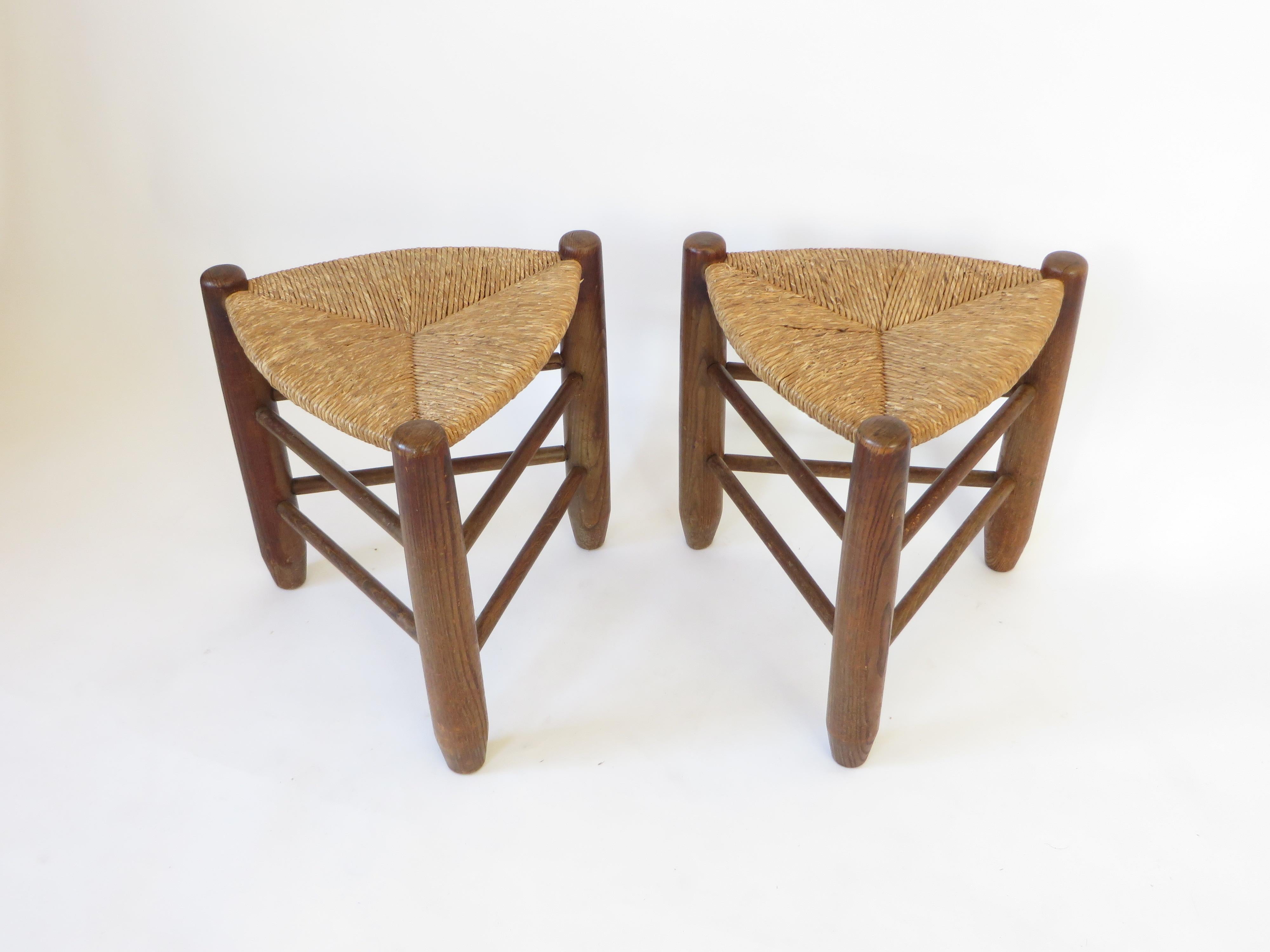 Charlotte Perriand Pair of Tripod Rush Seat and Oak Stools Les Arcs 1