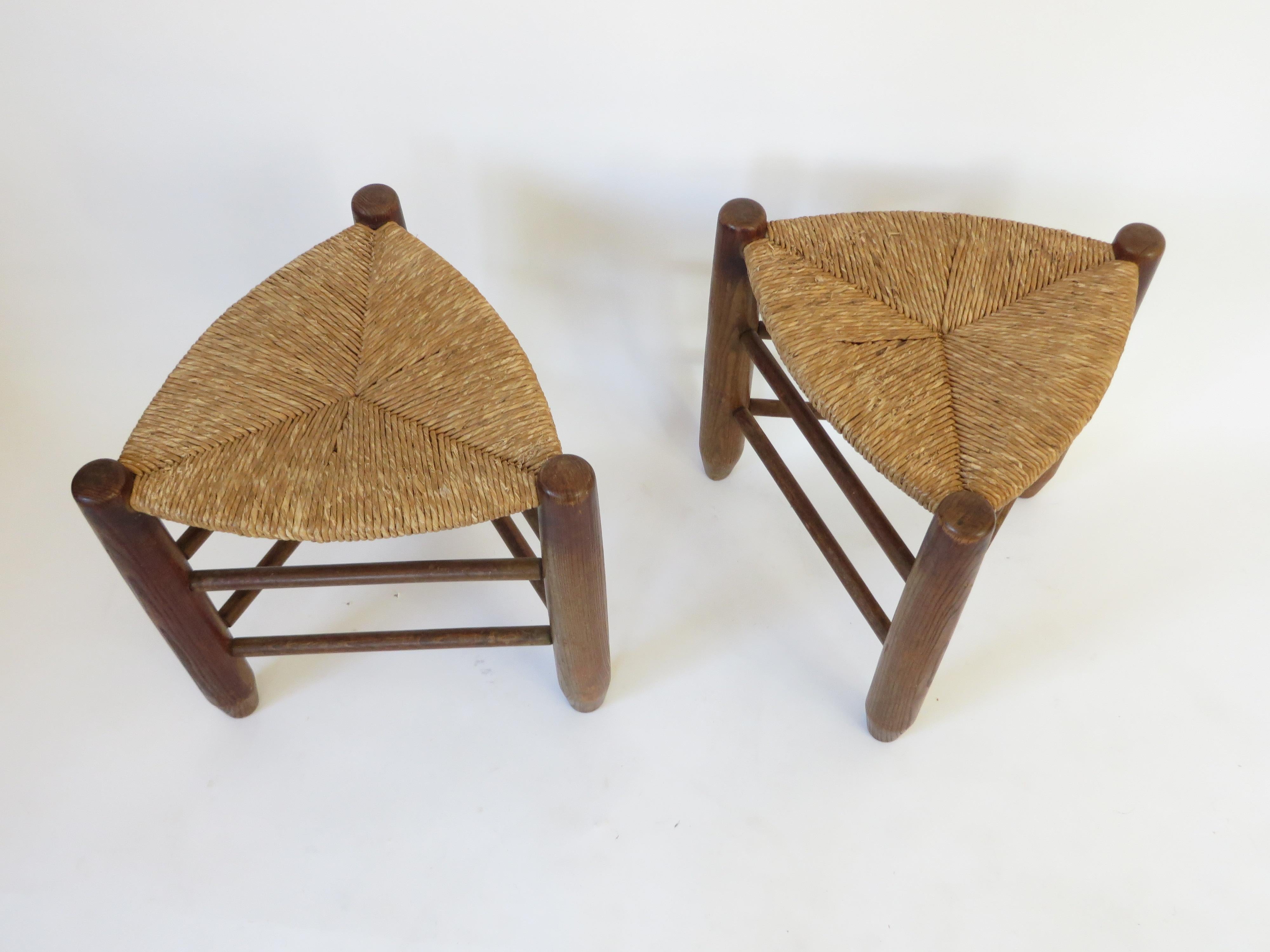 Charlotte Perriand Pair of Tripod Rush Seat and Oak Stools Les Arcs 2