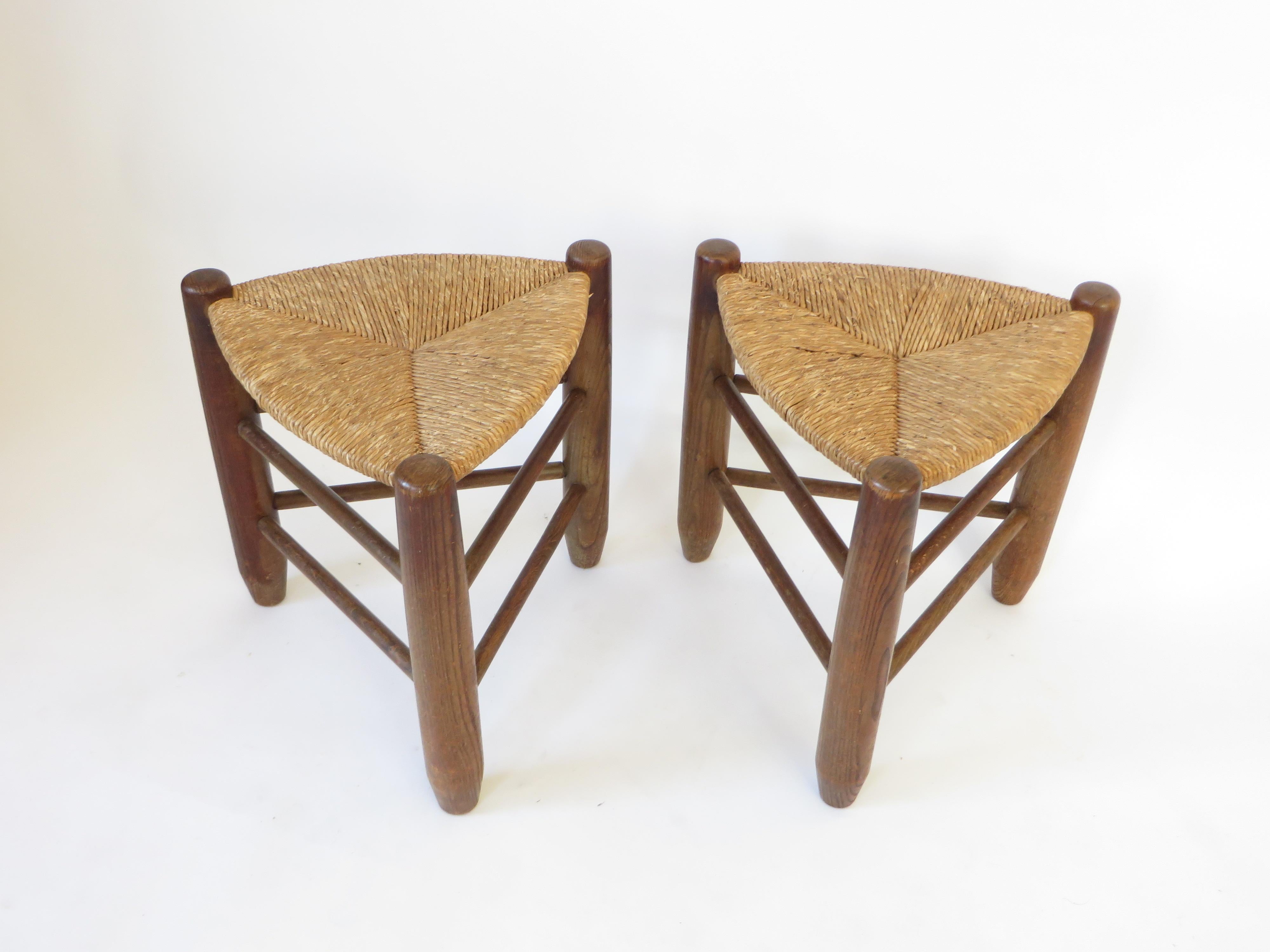 Charlotte Perriand Pair of Tripod Rush Seat and Oak Stools Les Arcs 3