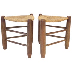 Charlotte Perriand Pair of Tripod Rush Seat and Oak Stools Les Arcs