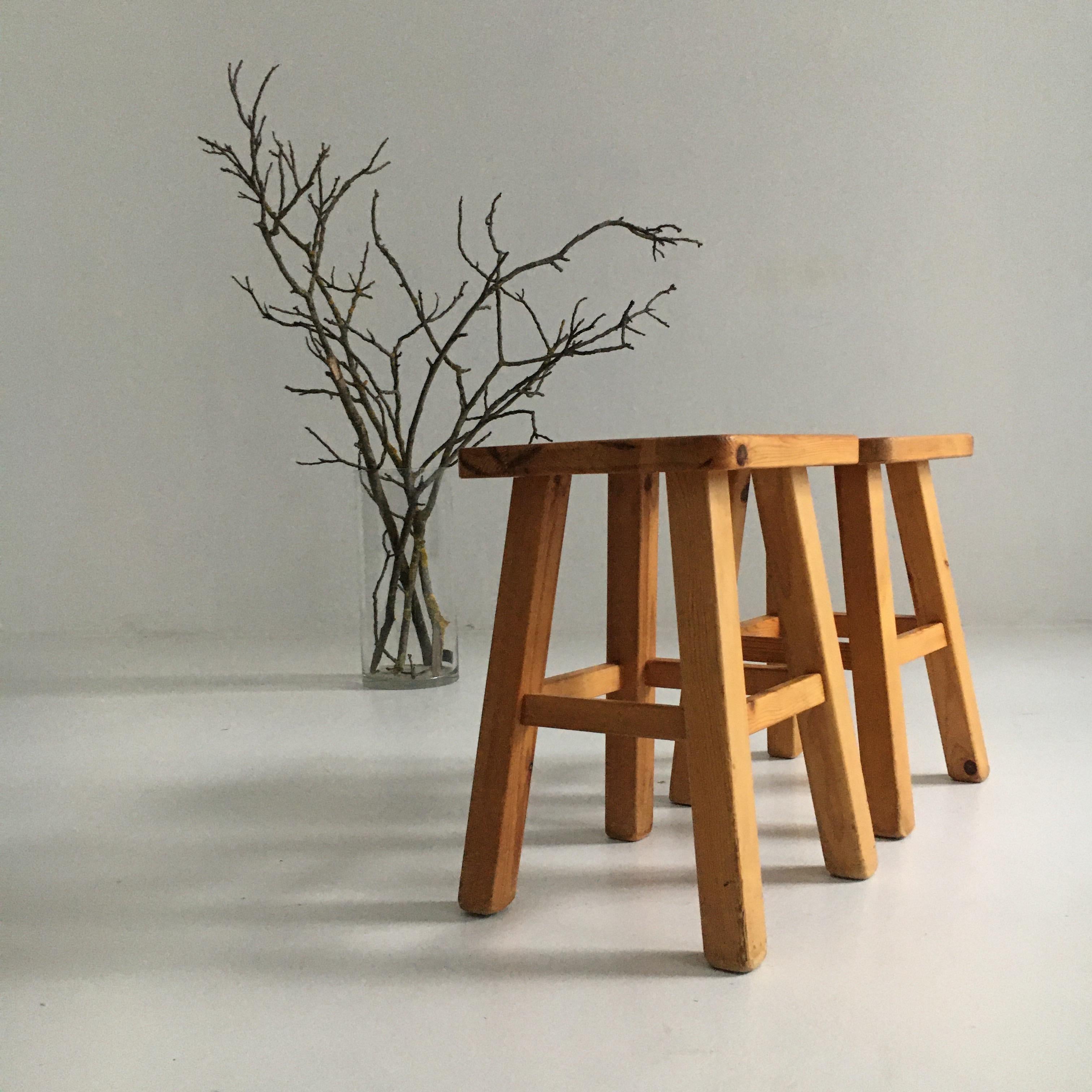 Charlotte Perriand Pair of Square Pine Stools, France, 1960s 8