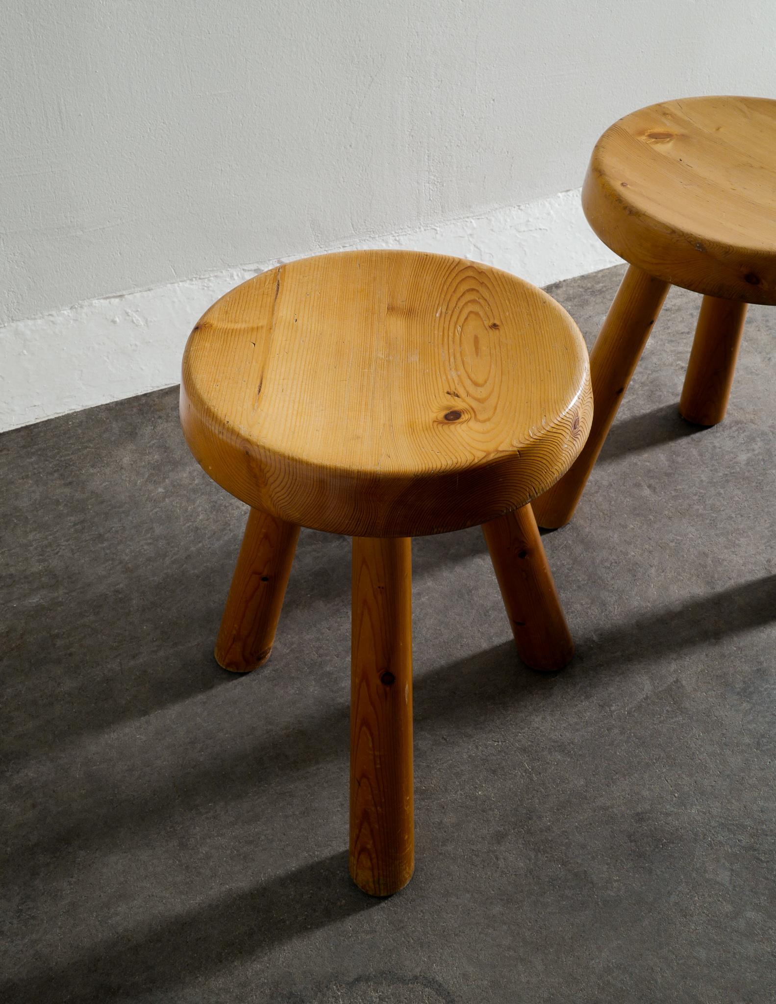 French Charlotte Perriand Pine Stools for Les Arcs Produced in France, 1960s