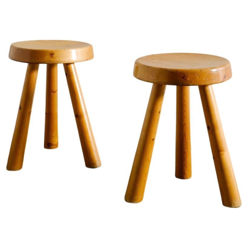 Charlotte Perriand Pine Stools for Les Arcs Produced in France, 1960s