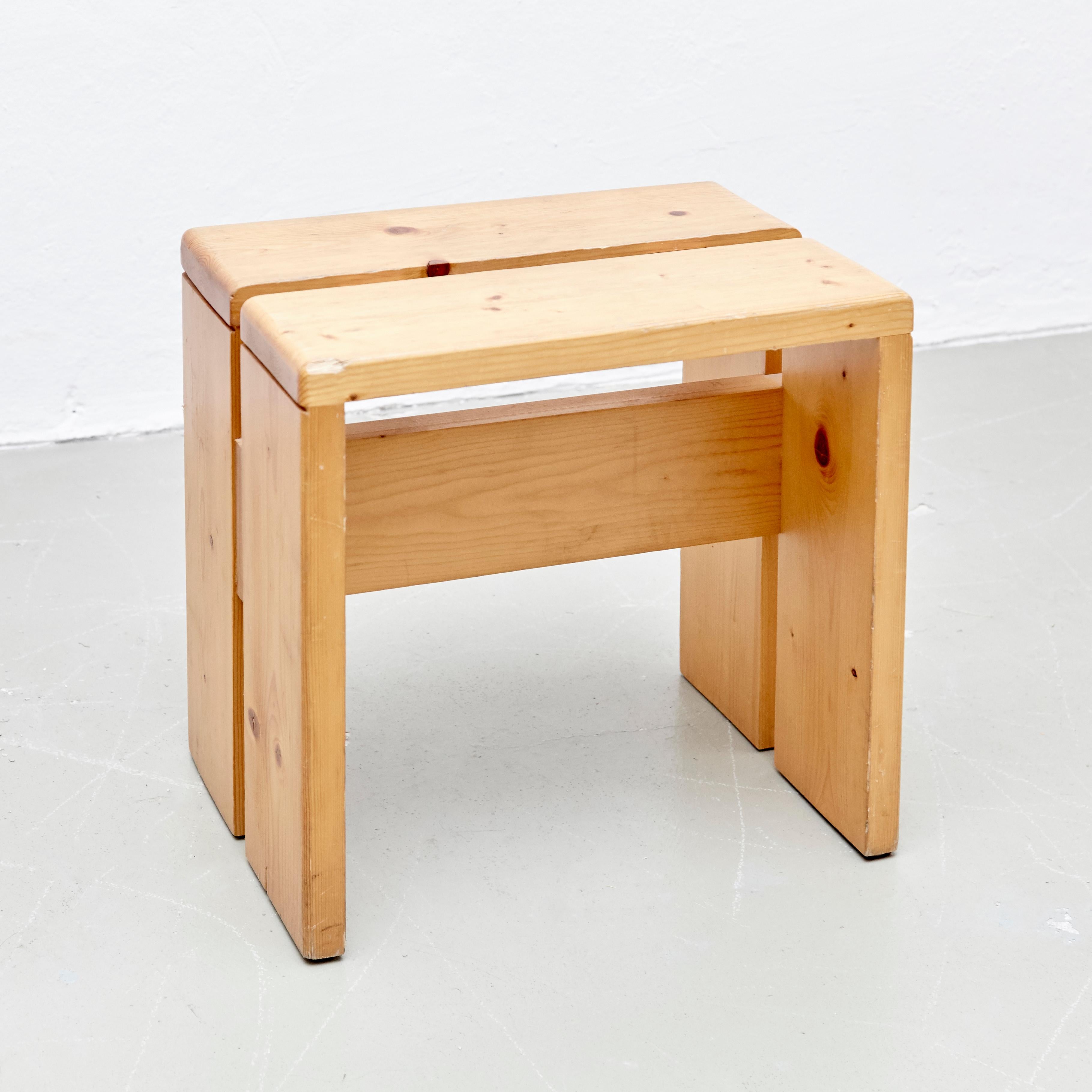 Mid-Century Modern Charlotte Perriand Pine Wood Stool for Les Arcs