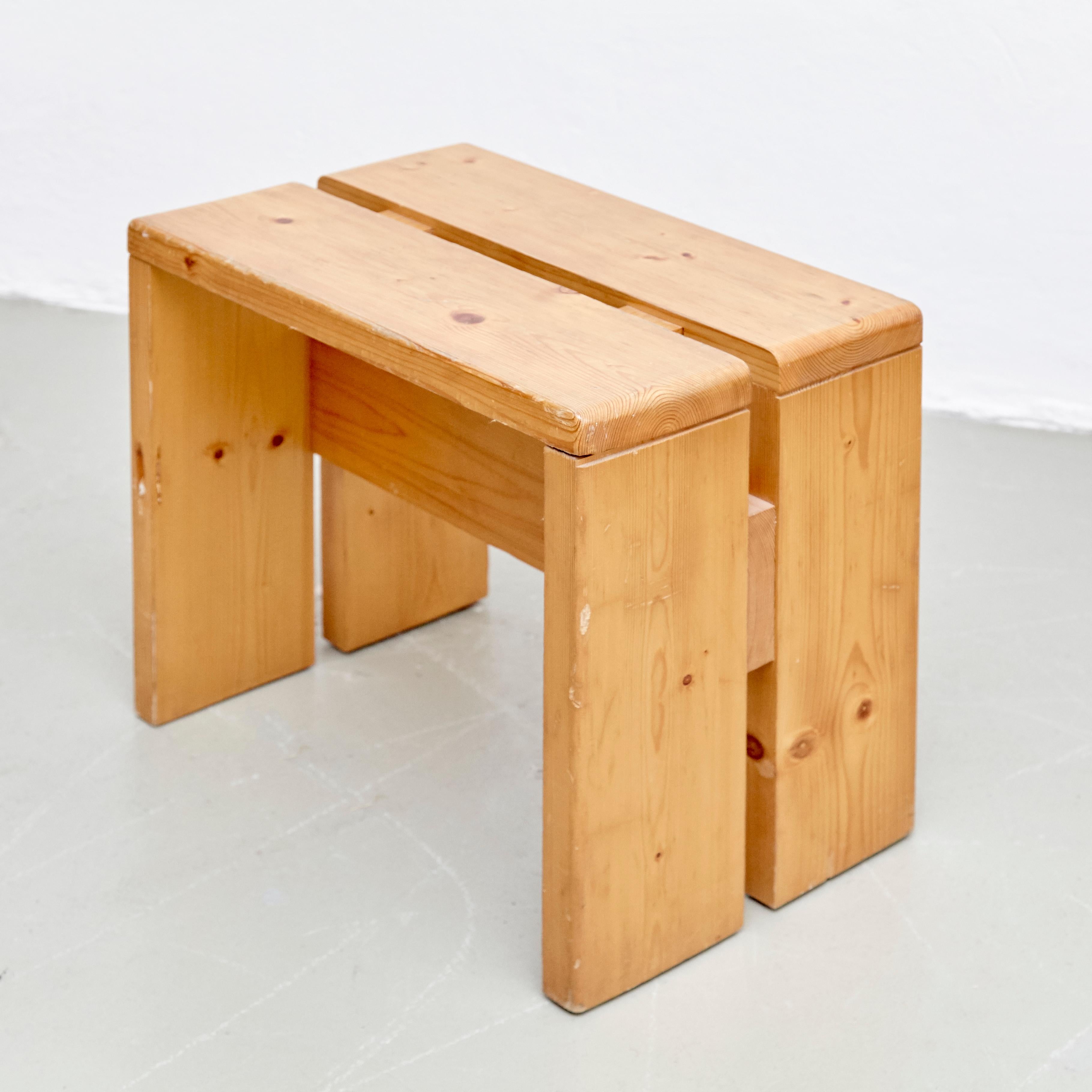 French Charlotte Perriand Pine Wood Stool for Les Arcs