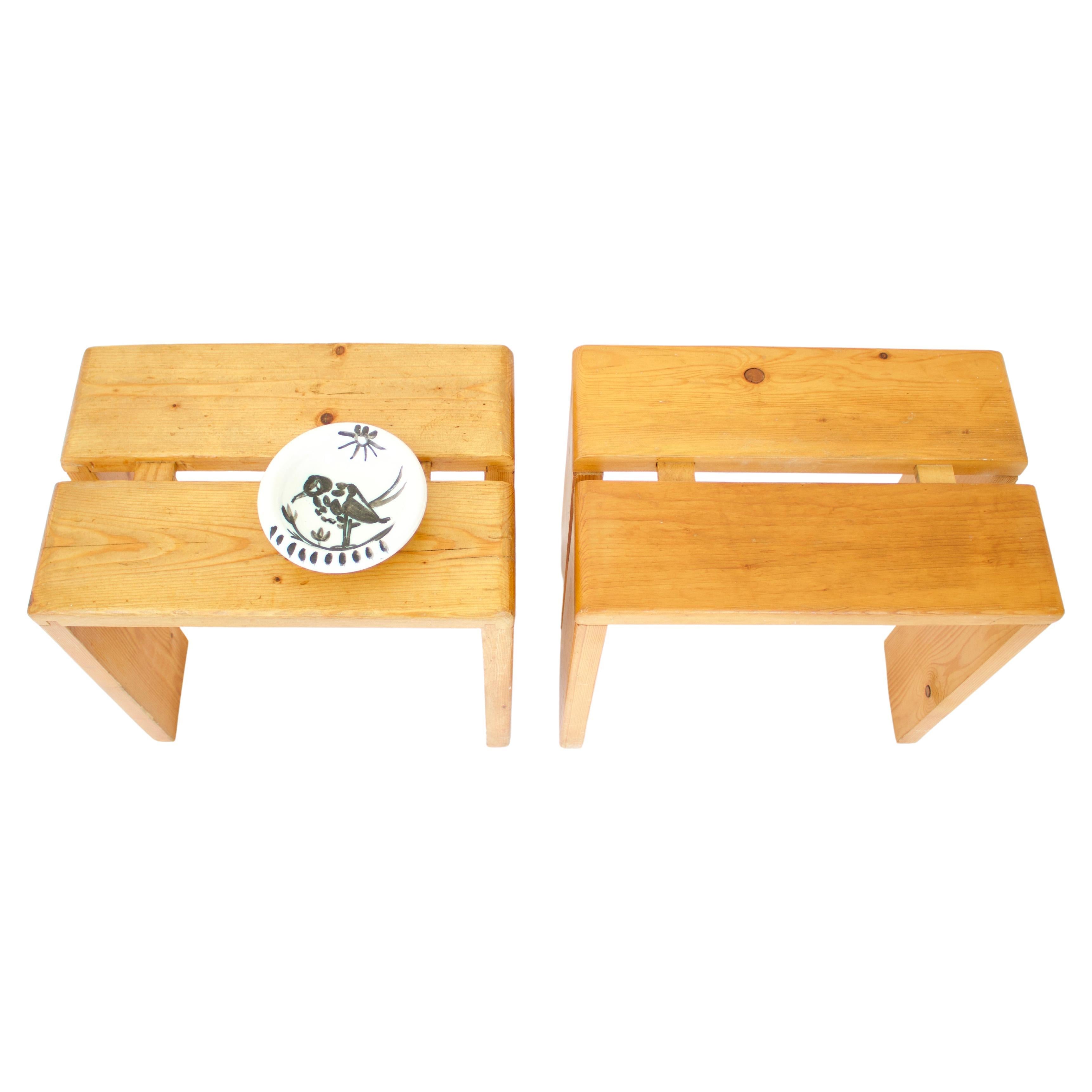 French Charlotte Perriand Pine Wood Stools for Les Arcs Ski Resort, France, circa 1960 For Sale