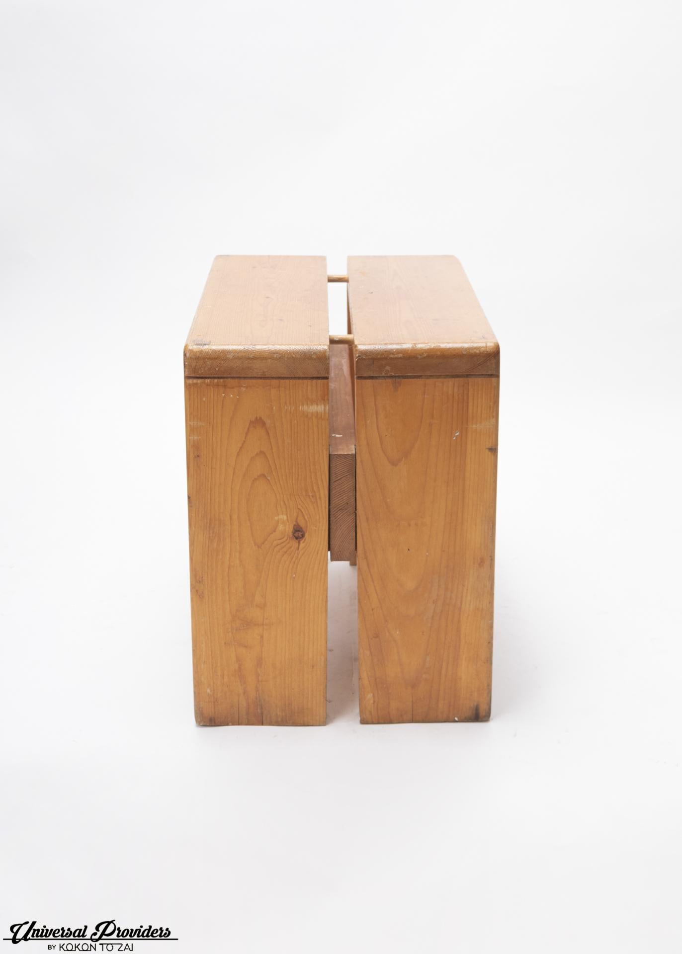 Charlotte Perriand Pinewood stool for Les Arcs ski resort, circa 1960, Manufactured in France. In Perfect condition, with wear consistent with age and use, preserving a beautiful patina.