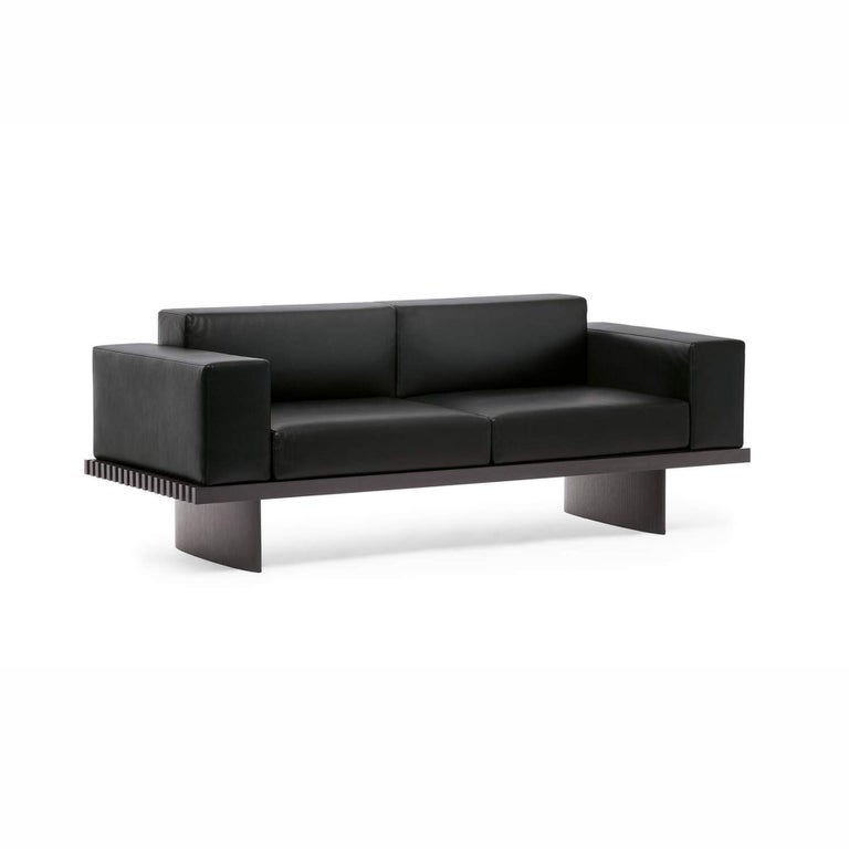 Charlotte Perriand Refolo Modular Sofa, Wood and Black Leather by Cassina In New Condition For Sale In Barcelona, Barcelona