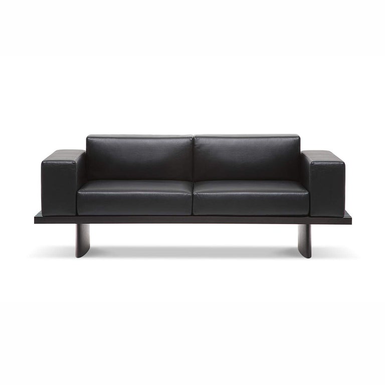 Contemporary Charlotte Perriand Refolo Modular Sofa, Wood and Black Leather by Cassina For Sale