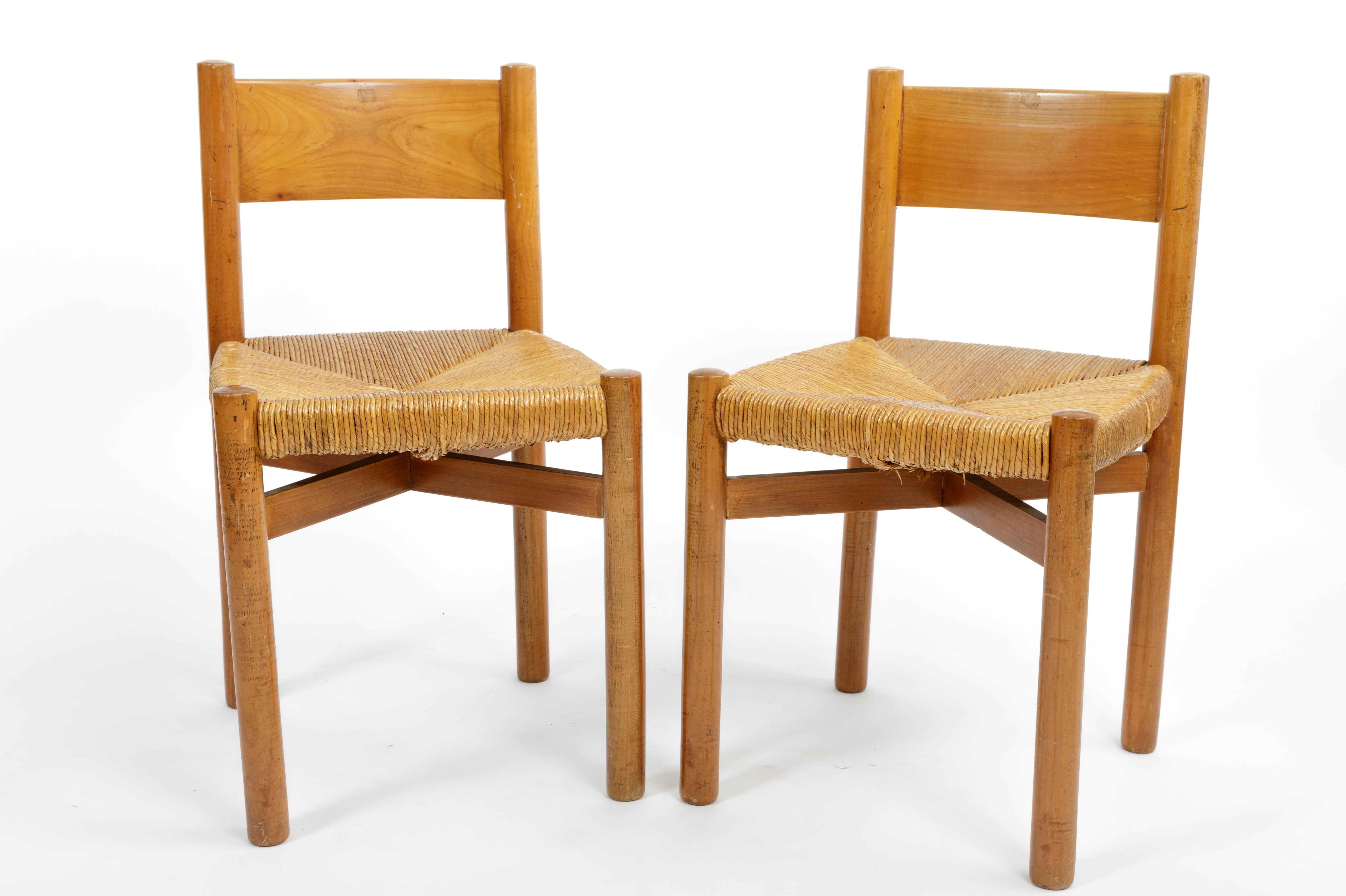 Wood Charlotte Perriand Rush Chairs, France, circa 1950s