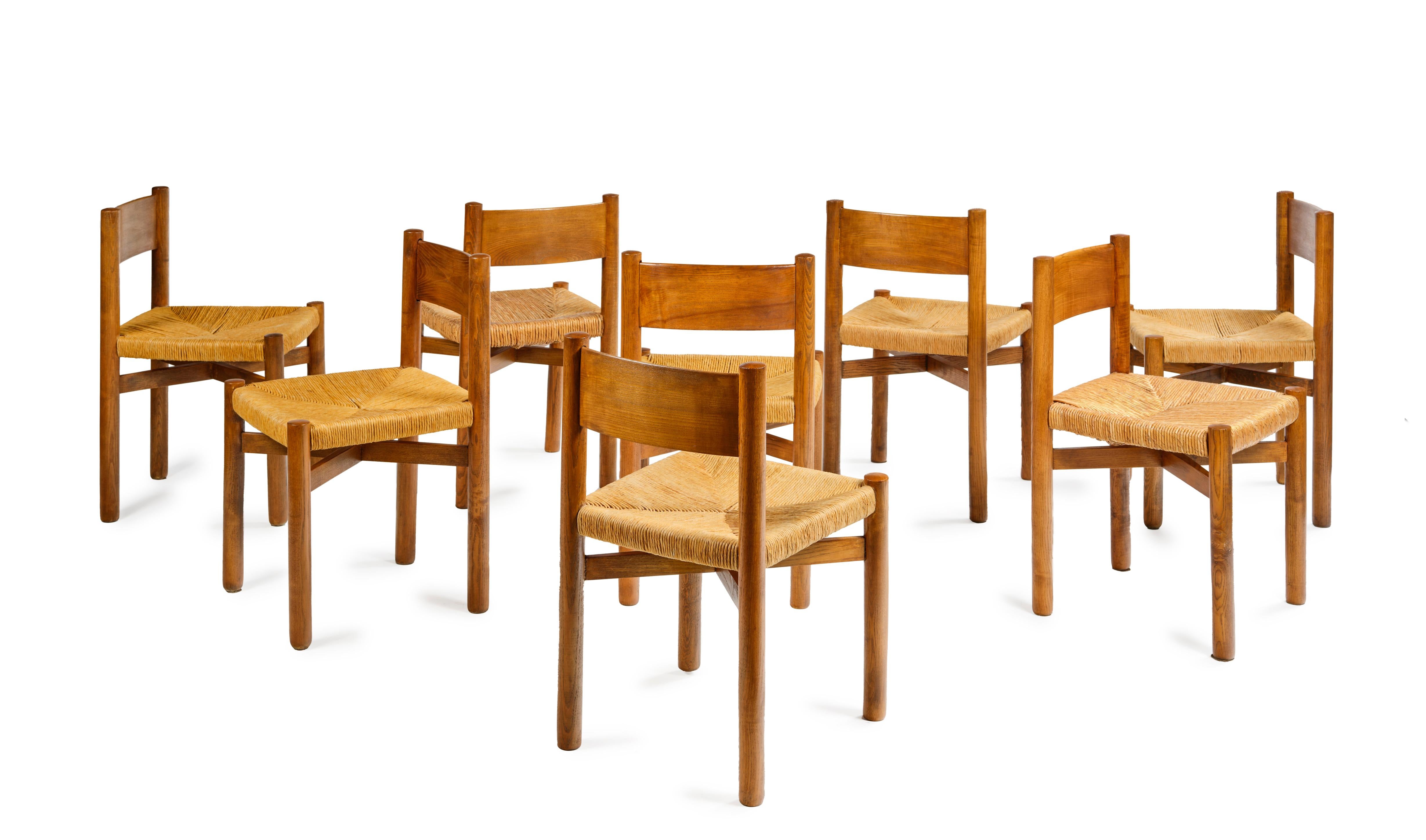 Charlotte PERRIAND (1903-1999)
Model commonly known as Méribel designed around 1941, series acquired at the Steph Simon Gallery around 1960.

Suite of 8 chairs.

The cylindrical legs in ash are joined under the seats by cruciform spacers. The curved