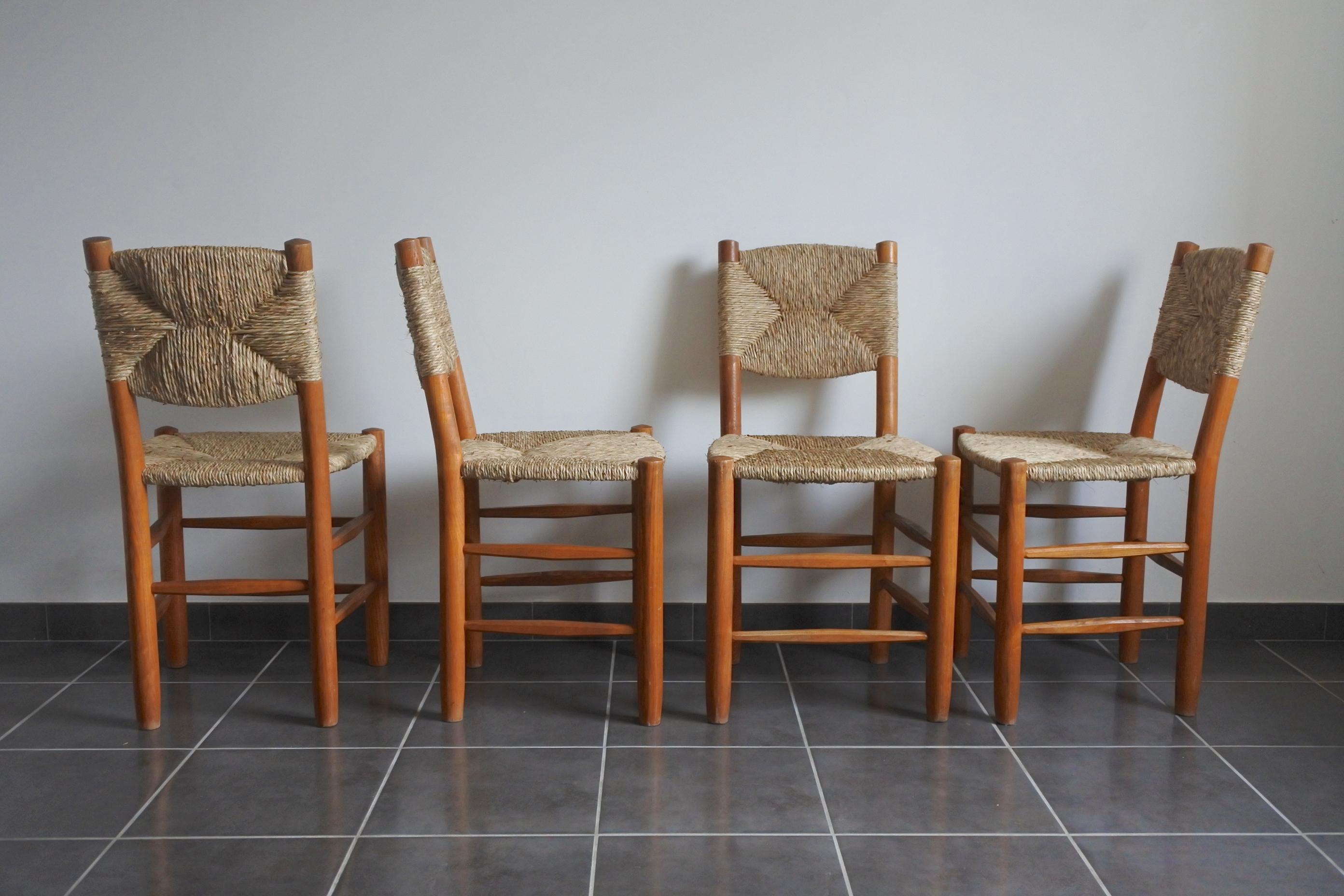 French Charlotte Perriand Set of Four Bauche Chairs N 19, Steph Simon, France, 1950s