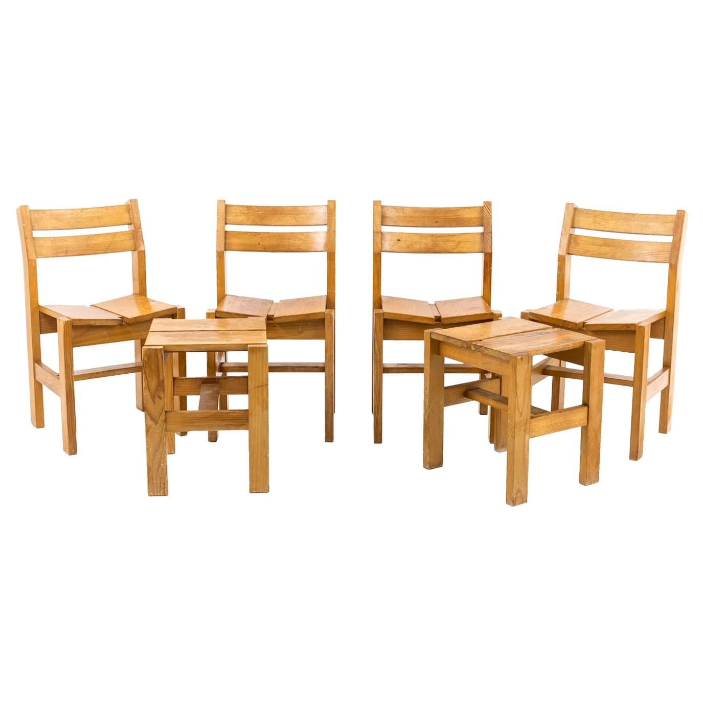 Charlotte Perriand, Set of Four Chairs and Two Stools in Pine, 1960s