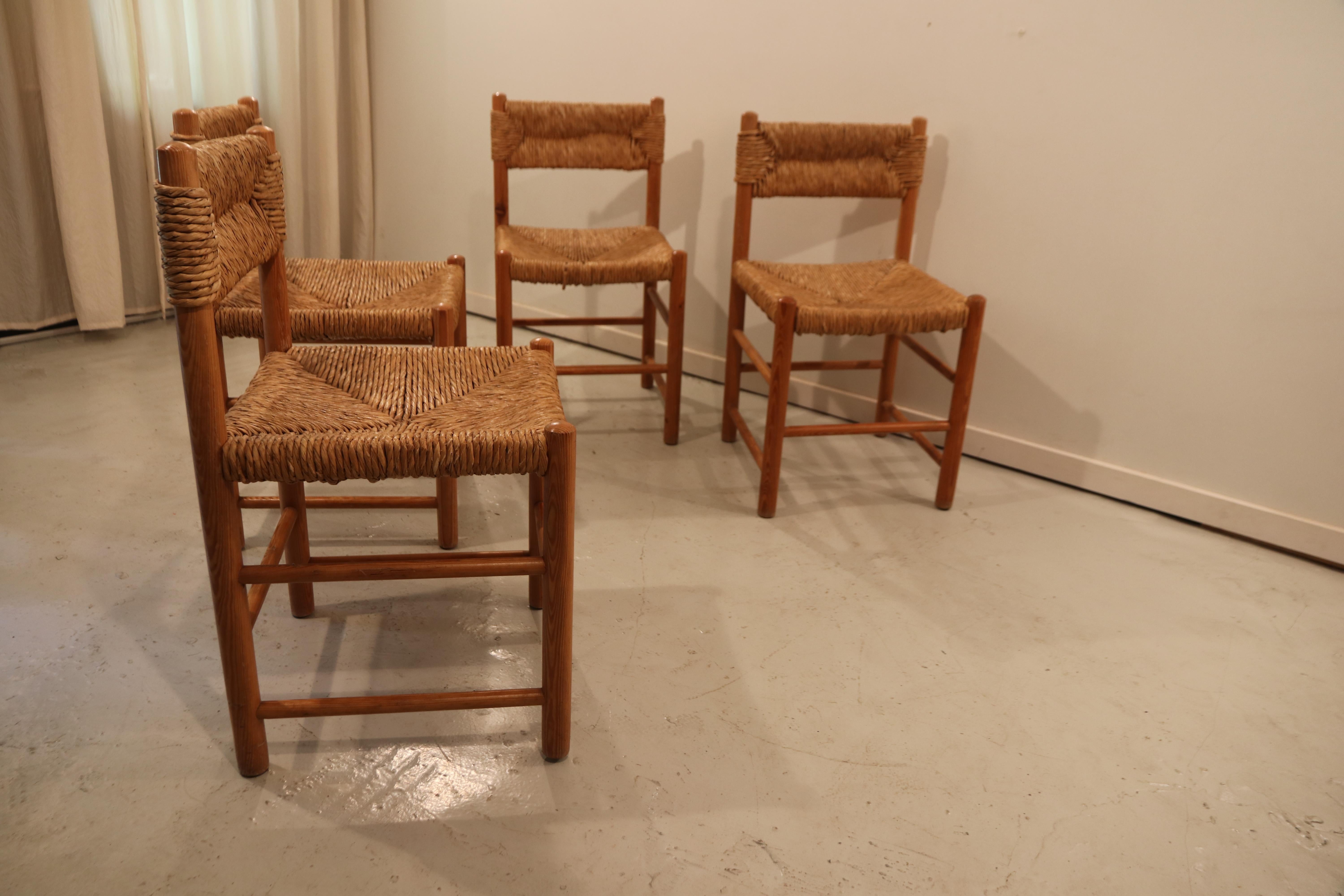 French Charlotte Perriand Set of Four Dordogne Dining Room Chairs for Sentou circa 1960