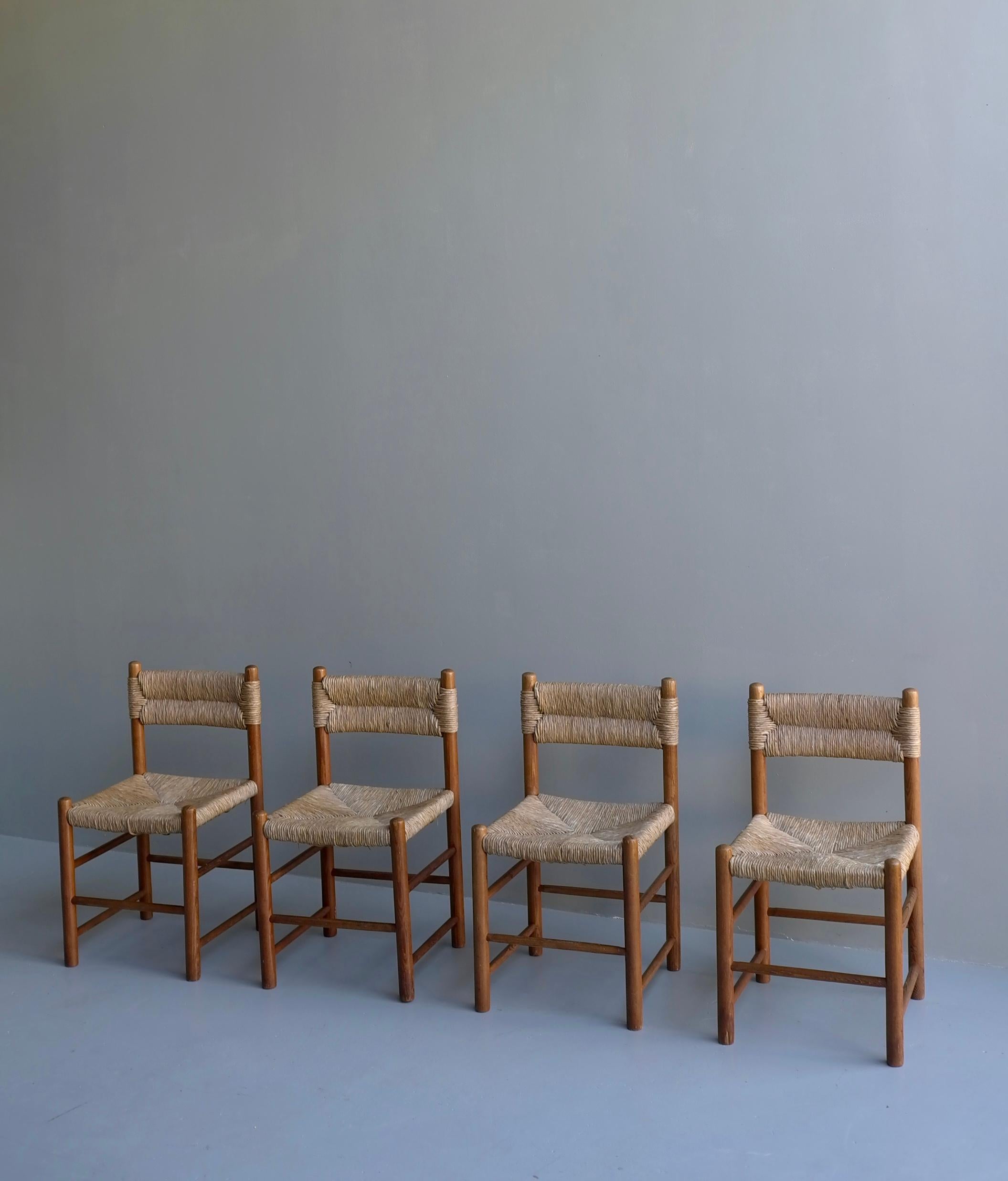Mid-Century Modern Charlotte Perriand, Set of Four Rush and wood 