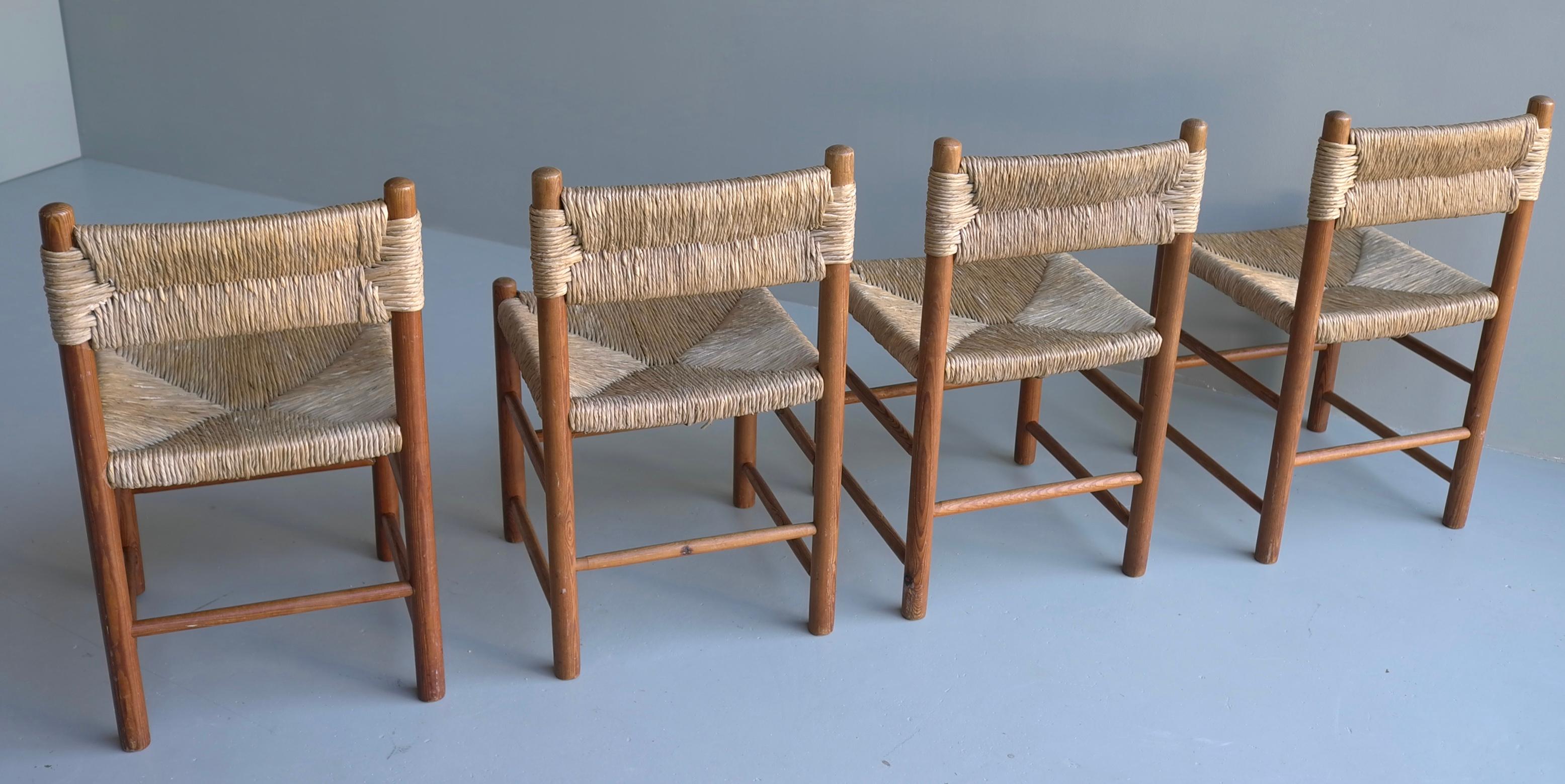 French Charlotte Perriand, Set of Four Rush and wood 