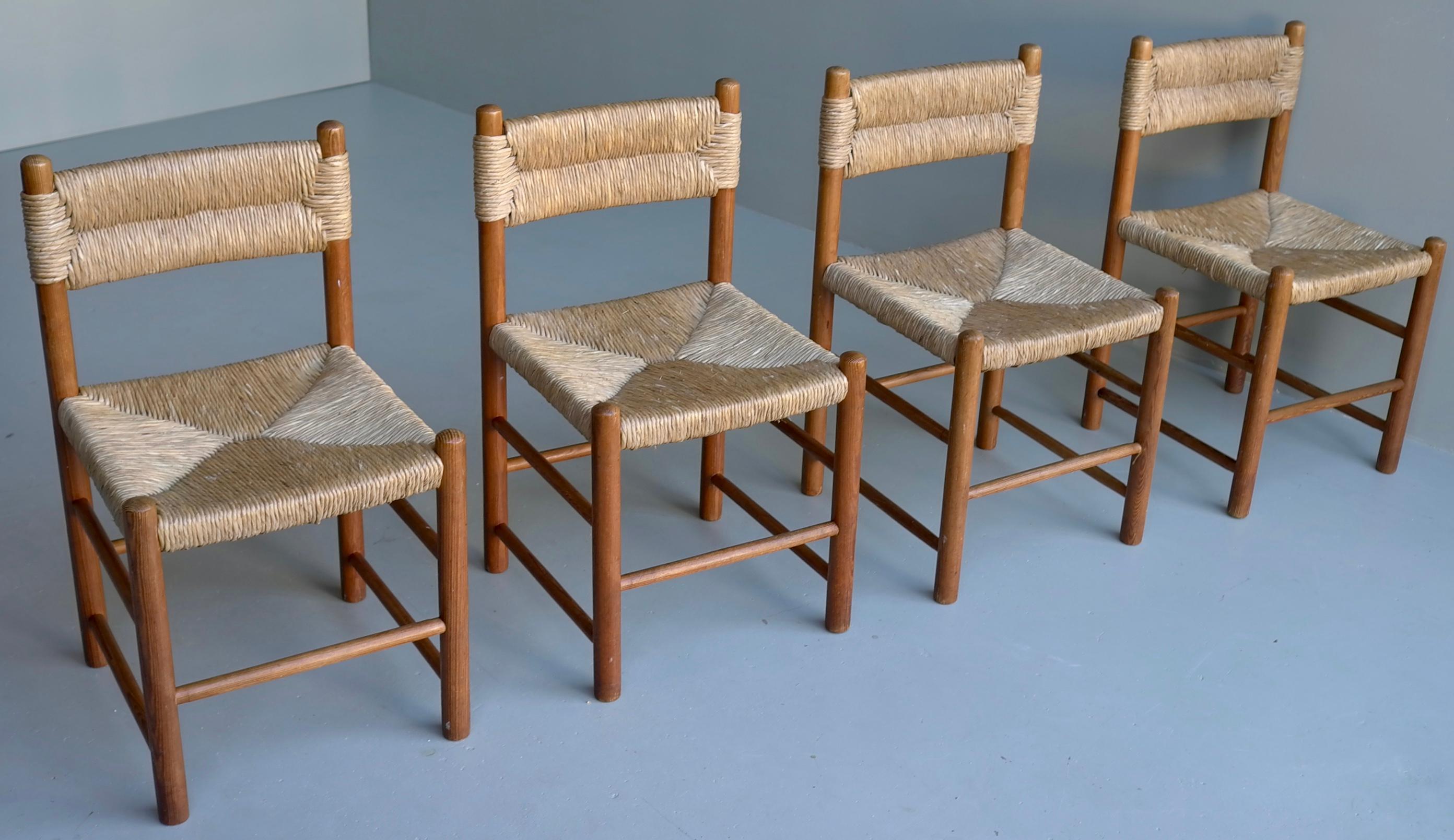 Hand-Woven Charlotte Perriand, Set of Four Rush and wood 