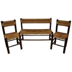 Charlotte Perriand, Set of One Bench and Pair of Chairs, Wood and Rattan