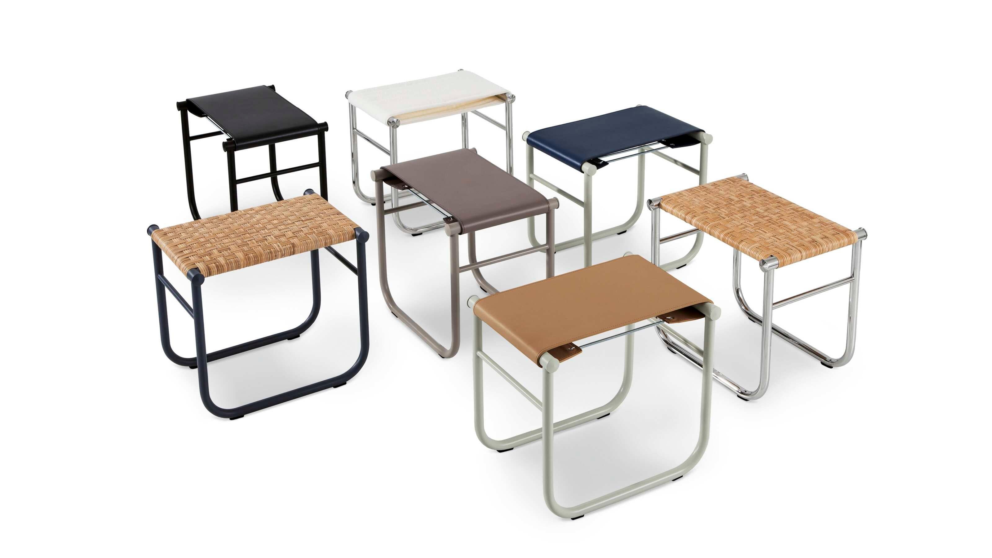 Charlotte Perriand Set di sette 9 Tabouret de Sale de Bains per Cassina

Inserito nella Collection Le Corbusier, Jeanneret, Charlotte Perriand, lo sgabello storico 9 Tabouret ha una forma architettonica molto particolare che riflette fedelmente