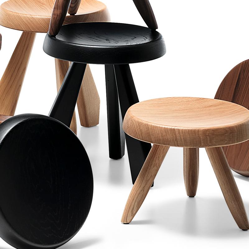 Set of twelve stools model Meribel and Berger designed by Charlotte Perriand in 1953-61. 
American walnut, natural oak and oak stained black.
Relaunched by Cassina in 2011.
Manufactured by Cassina in Italy.

Reclaiming simple materials and