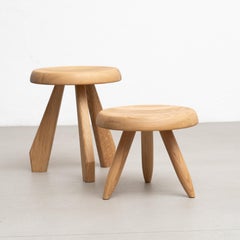 Charlotte Perriand Set of Two Meribel Wood Stool For Cassina
