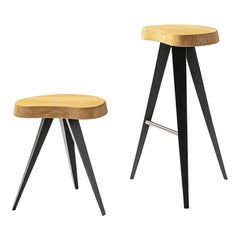 Charlotte Perriand Set of Two Mexique Stools, Wood and Metal by Cassina