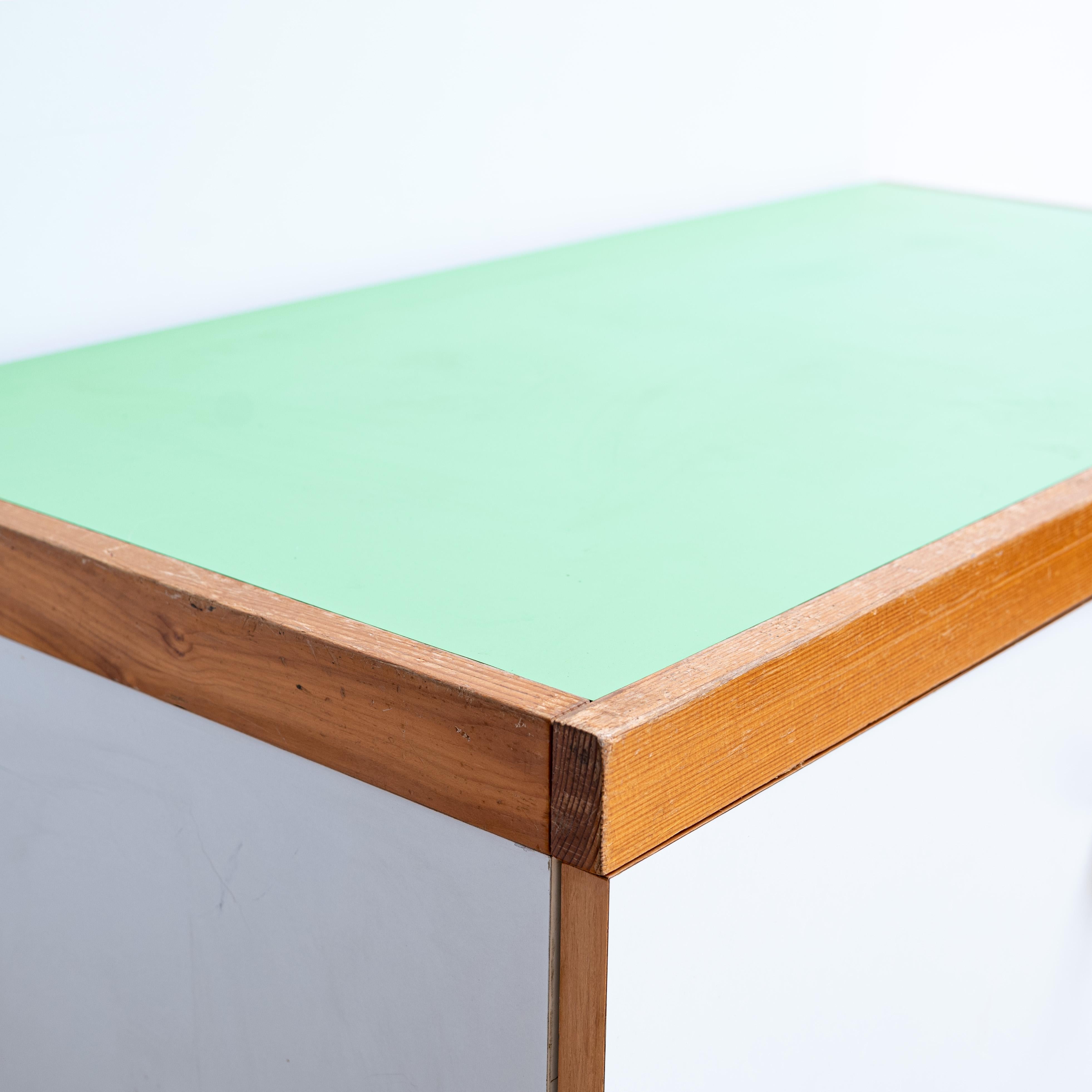 Charlotte Perriand Side Board from Les Arcs, 2 Doors, Green Top For Sale 1