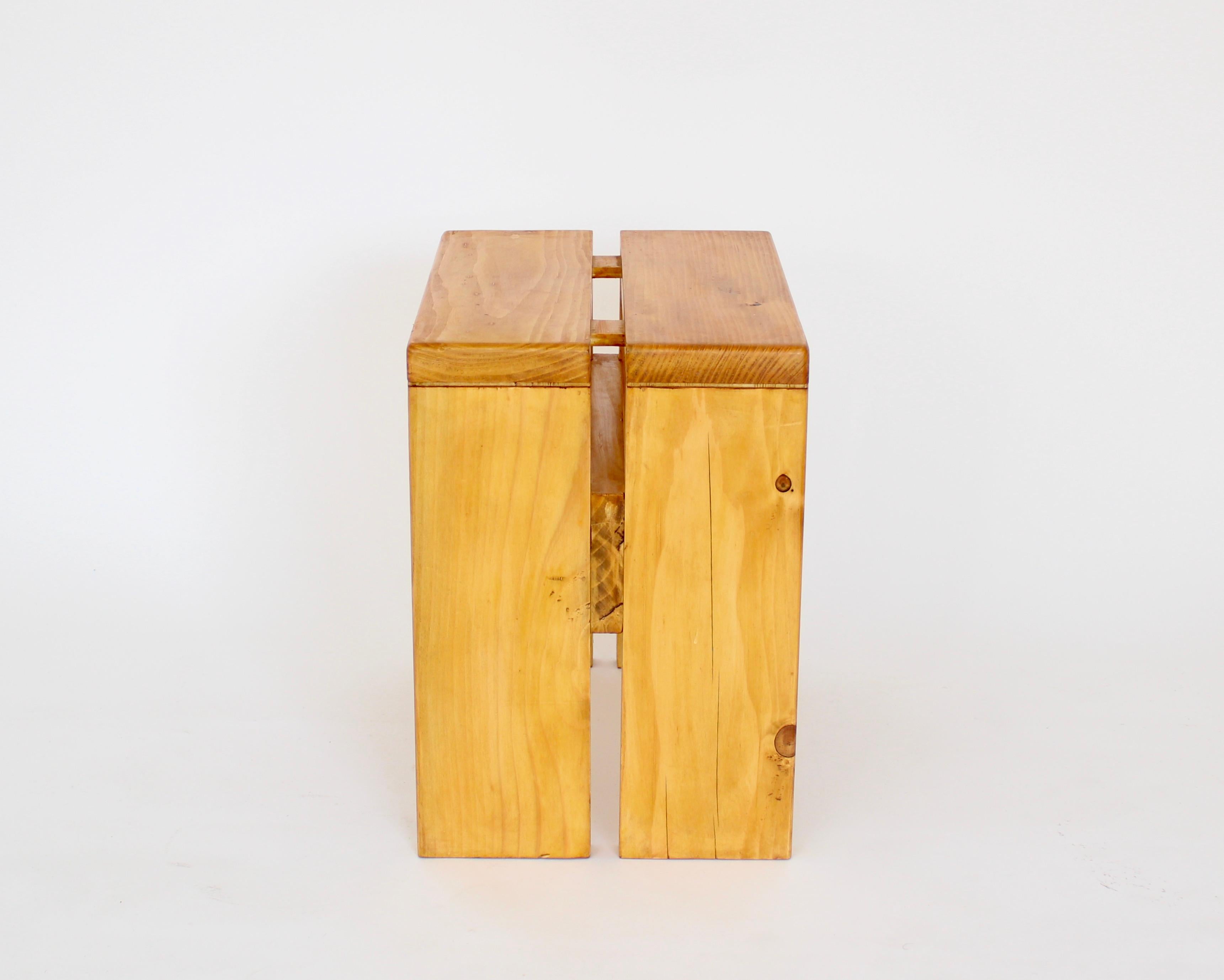 Charlotte Perriand pair of stools for Les Arcs ski resort, circa 1960.
Manufactured in France. 
These are the iconic Charlotte Perriand simple and straightforward pine stools used commonly throughout the ski resort. 
Excellent condition.