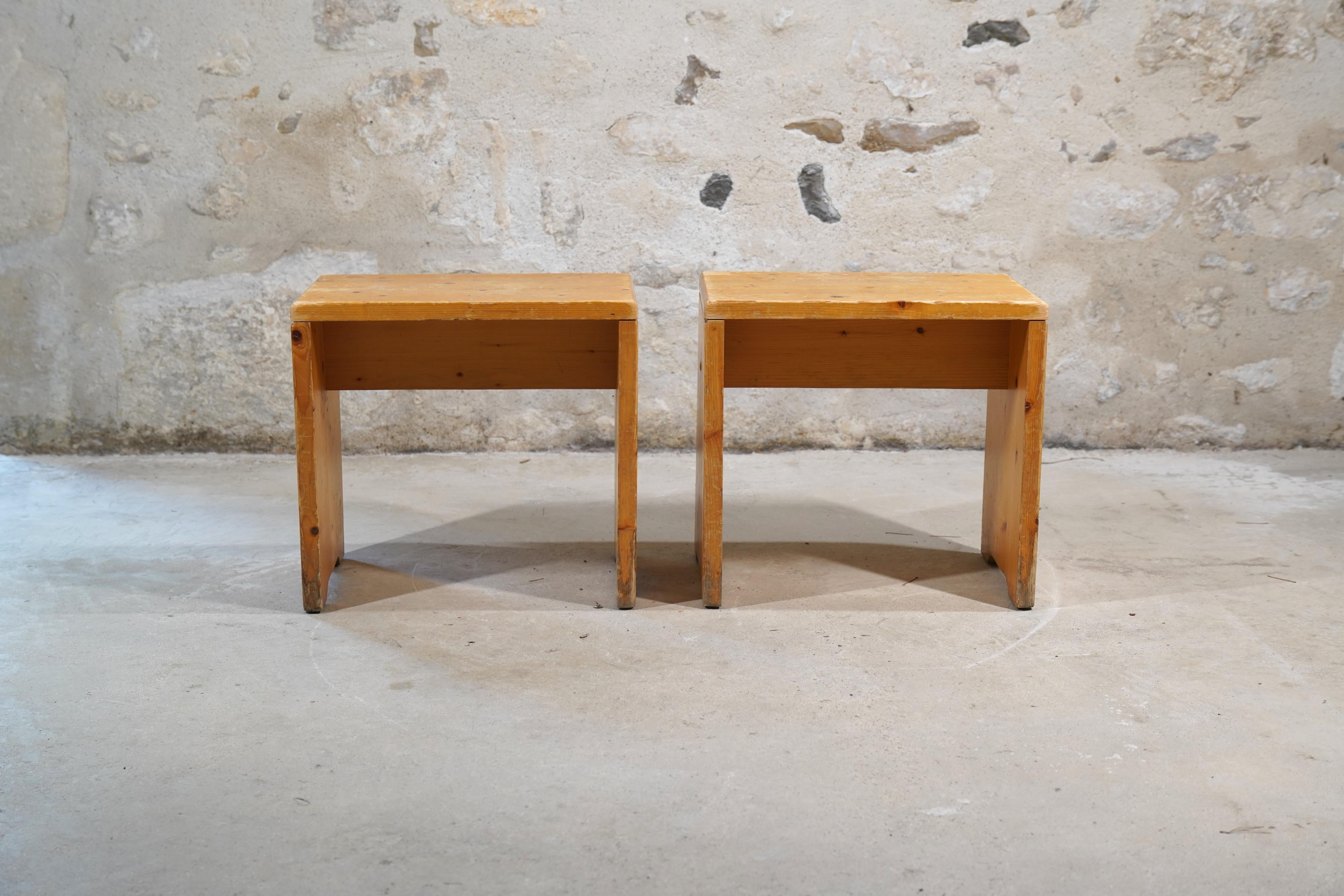 Pine Charlotte Perriand Stools from Les Arcs, France circa 1968 (4 Available) For Sale