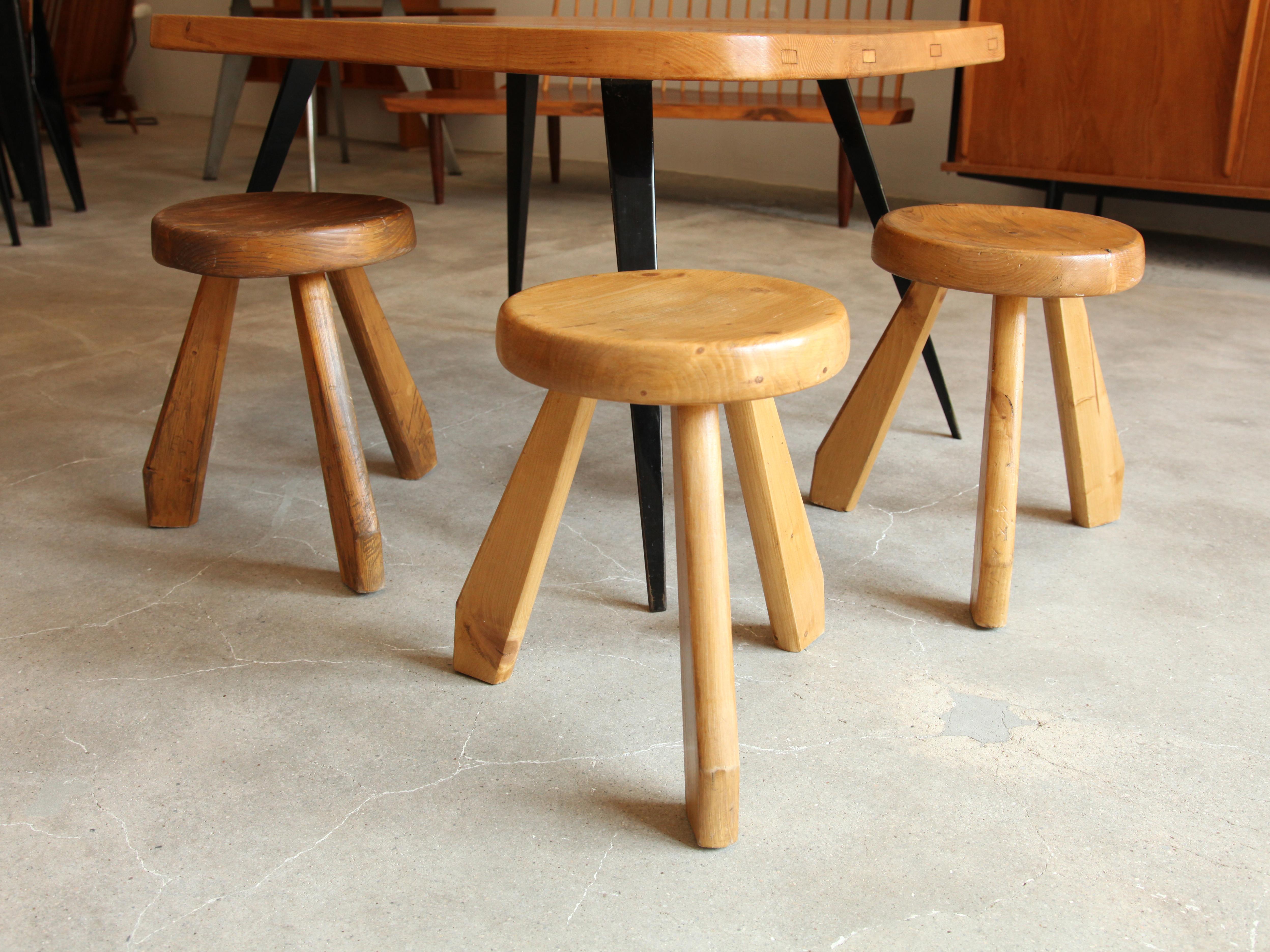 Great grouping of three pine stools by Charlotte Perriand from Les Arcs Ski Resort in Savoie, France, c. 1968. Sold as grouping of 3. Price is per stool. Will consider splitting up grouping.