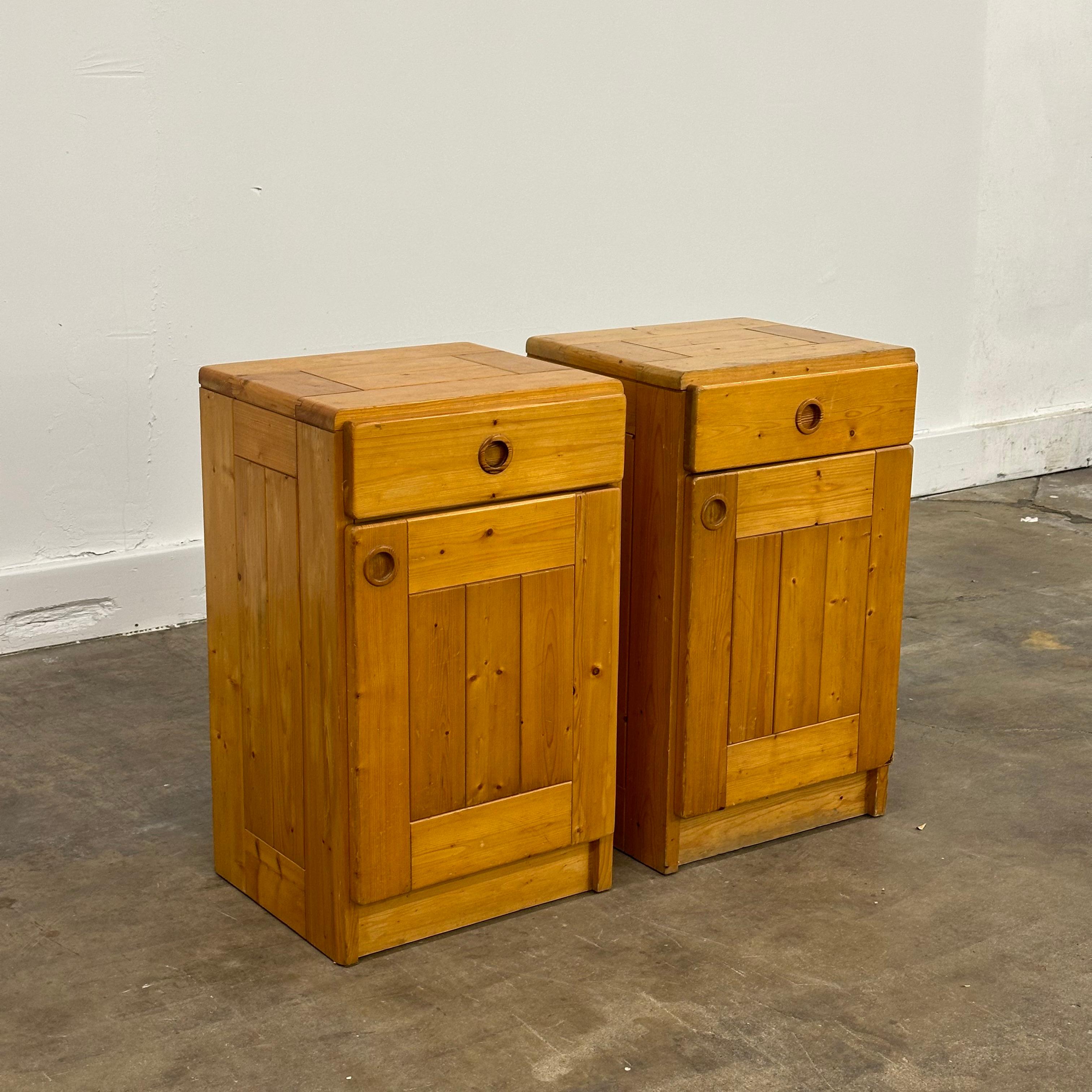 Charlotte Perriand storage pair of storage cabinets for Les Arcs, France, 1960s. One pull out drawer with storage beneath, collectible design from the popular French ski resort.