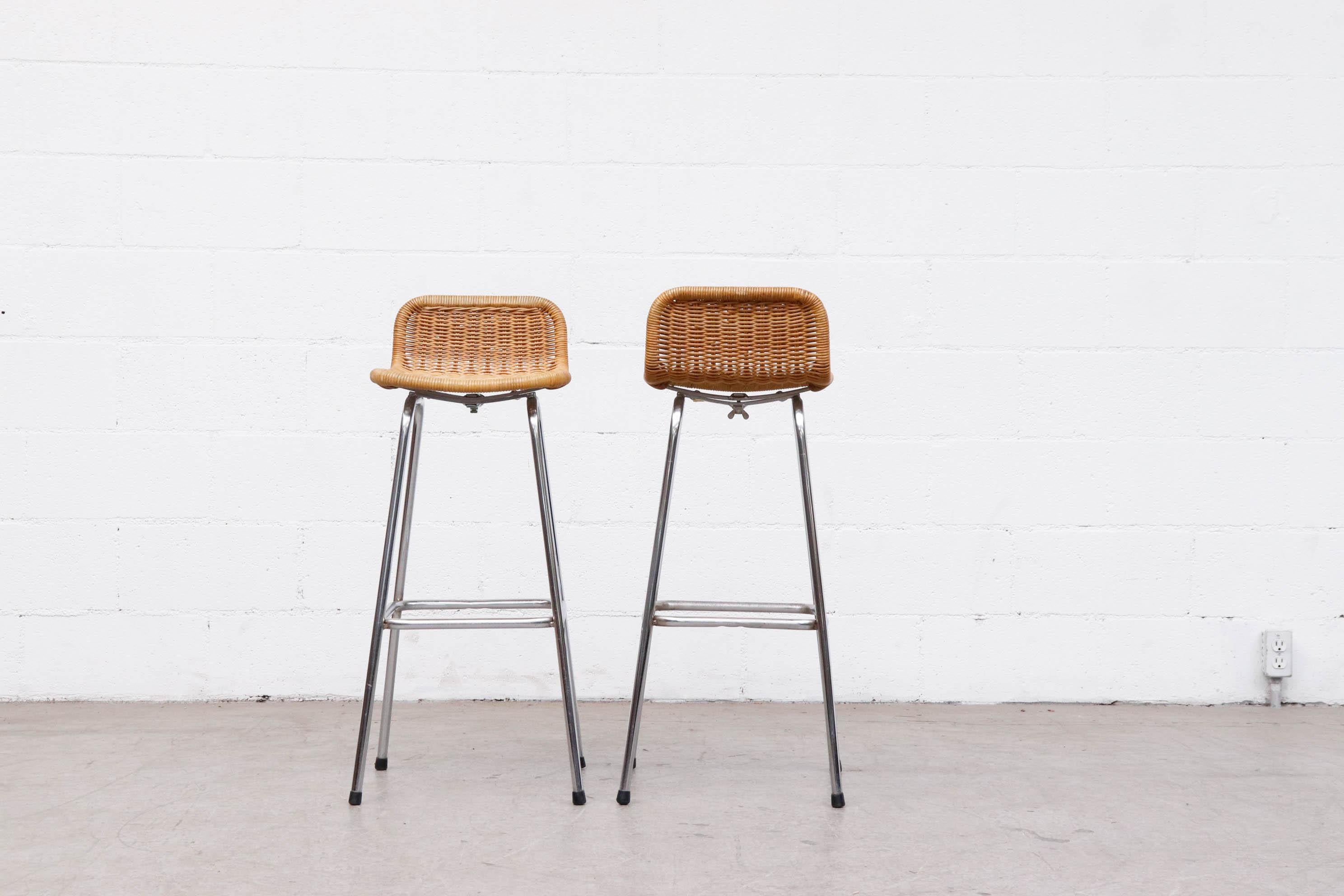 Dutch Pair of Charlotte Perriand Style Rattan and Chrome Bar Stools