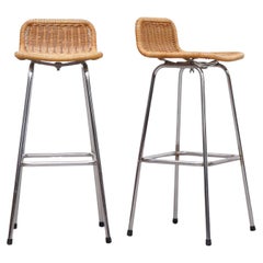 Pair of Charlotte Perriand Style Rattan and Chrome Bar Stools