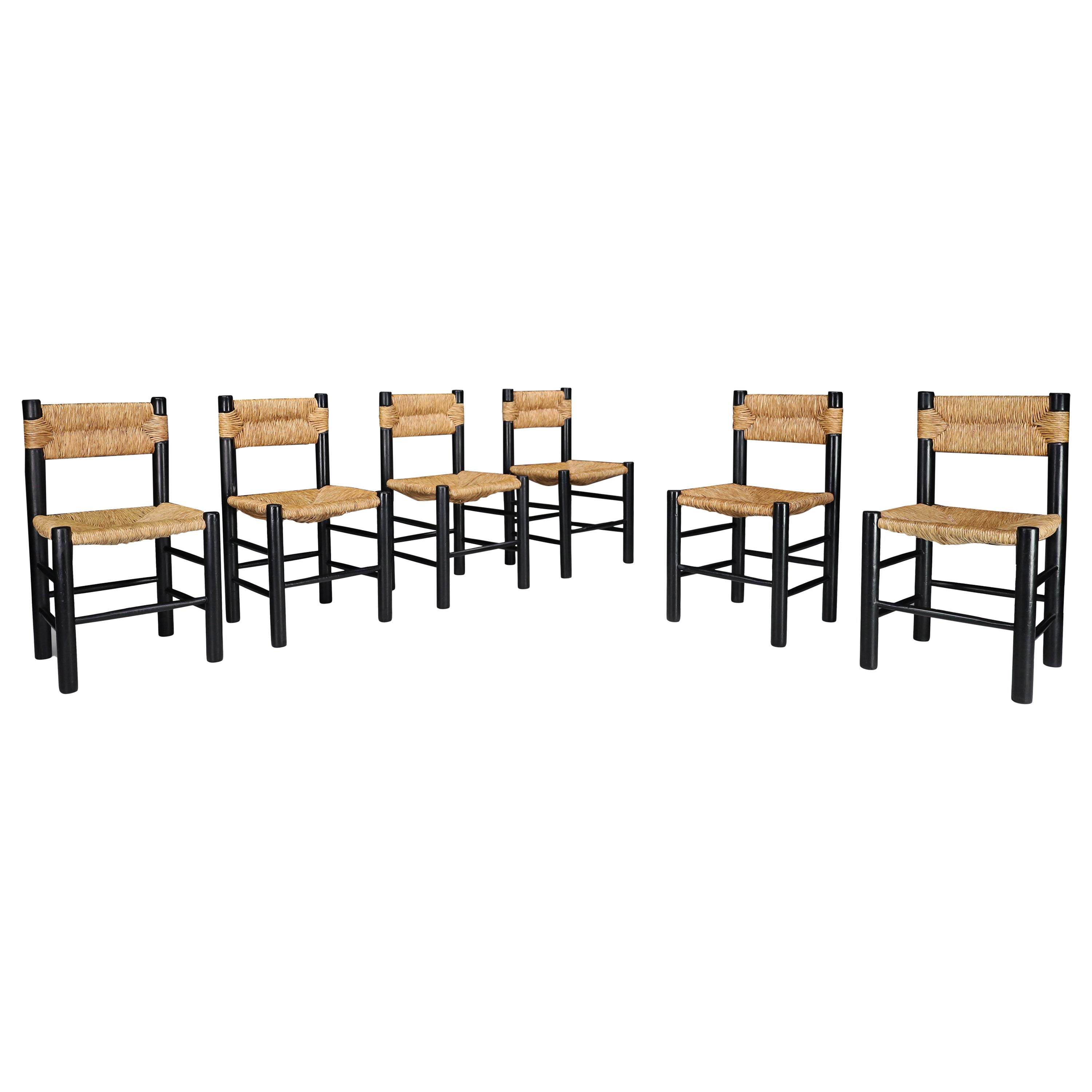 Charlotte Perriand Style Black Painted Beech and Rush Dining Room Chairs, 1960s
