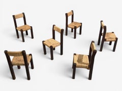 Charlotte Perriand Style, Brutalist Dining Chairs, Wood, Straw, France, 1960s