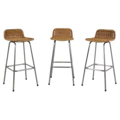 Charlotte Perriand Style Chrome and Rattan Bar Stools, Set of 3