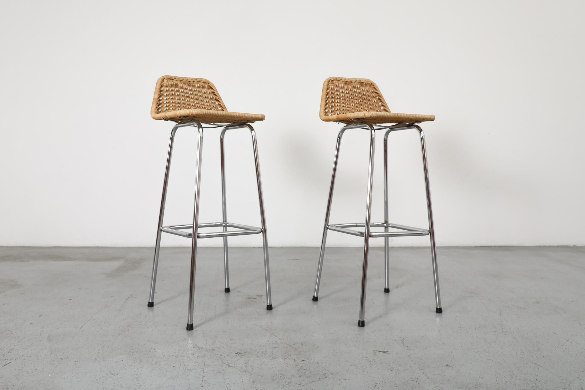 Rattan Charlotte Perriand Style Chrome Bar Stools For Sale