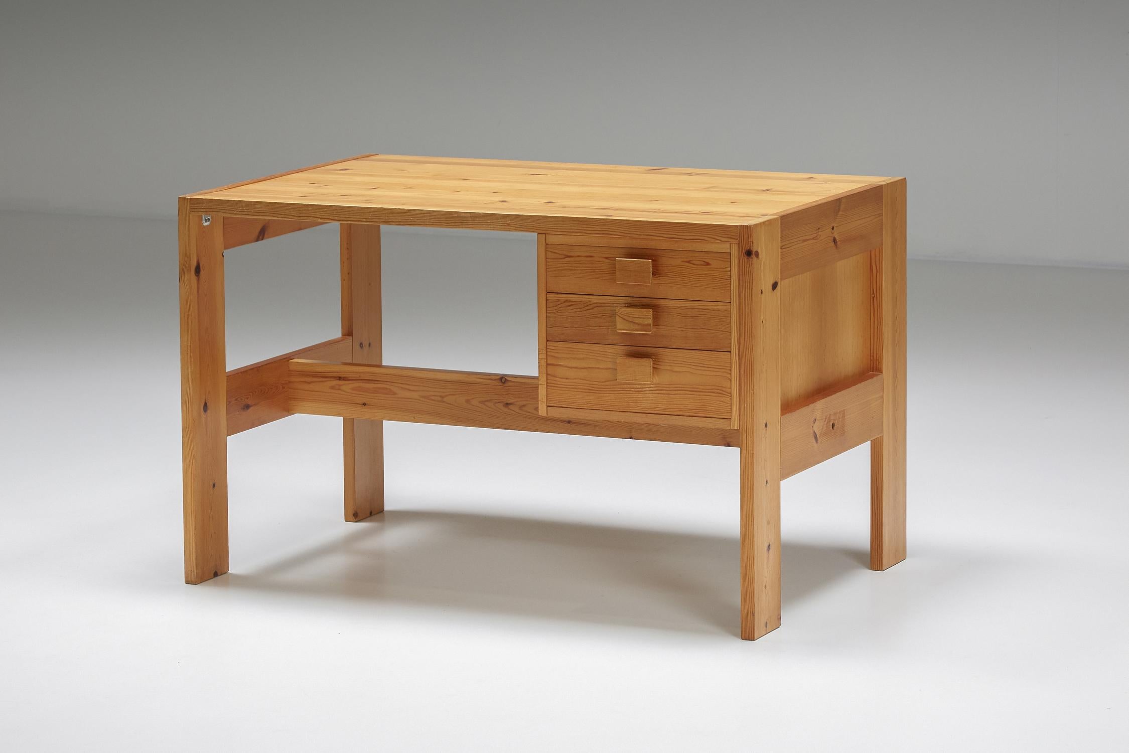 Wooden Desk; working desk; writing table; office furniture; Charlotte Perriand; French design; Mid-Century Modern; 1960s;

Desk in the style of French designer Charlotte Perriand, made of solid wood. The desk includes three drawers on the right