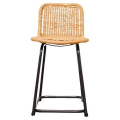 Charlotte Perriand Style High Back Chair with Rattan Seat and Black Metal Frame